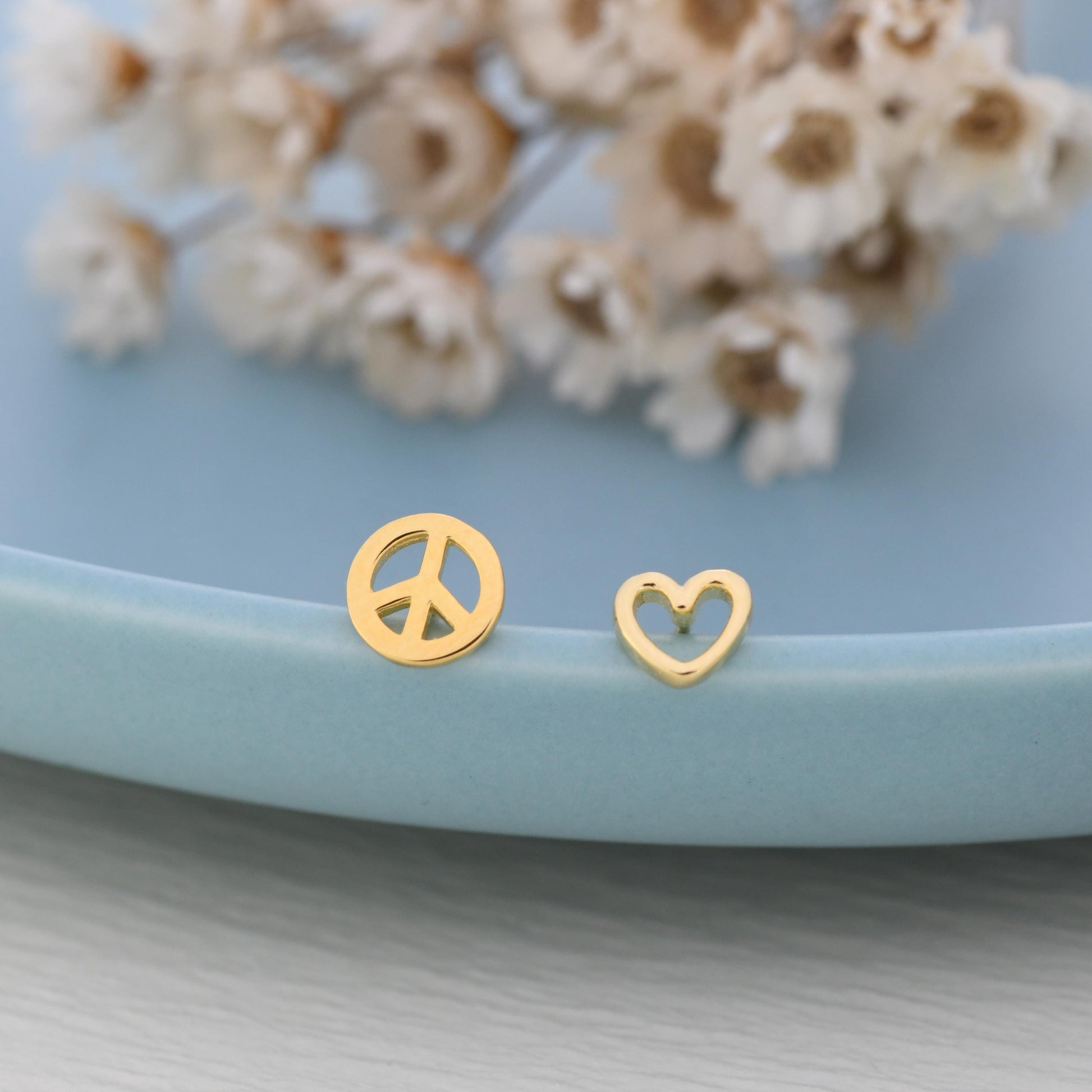 Tiny Mismatched Peace and Love Symbol Stud Earrings in Sterling Silver, Silver, Gold or Rose Gold, Small Asymmetric Heart and Peace Earrings