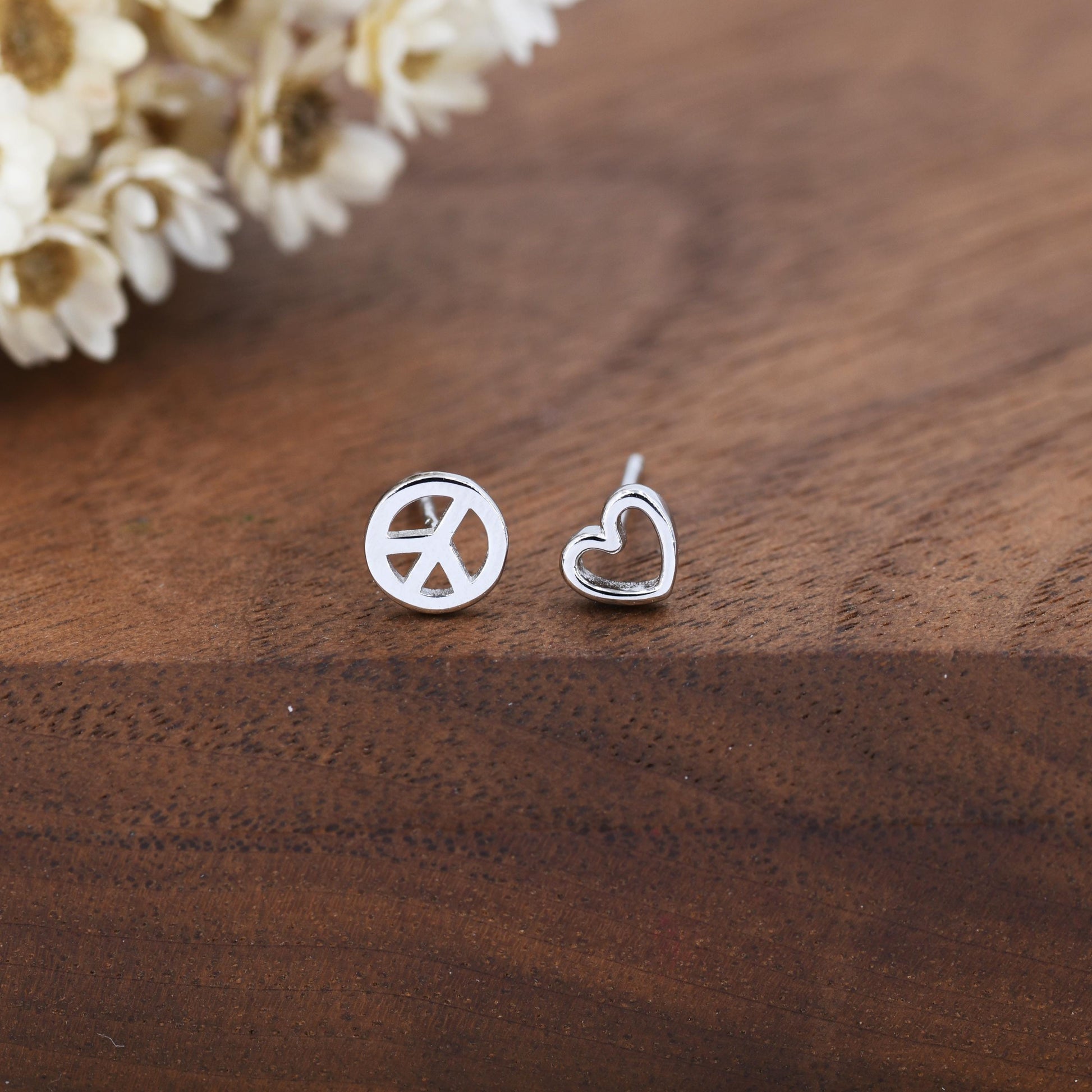 Tiny Mismatched Peace and Love Symbol Stud Earrings in Sterling Silver, Silver, Gold or Rose Gold, Small Asymmetric Heart and Peace Earrings