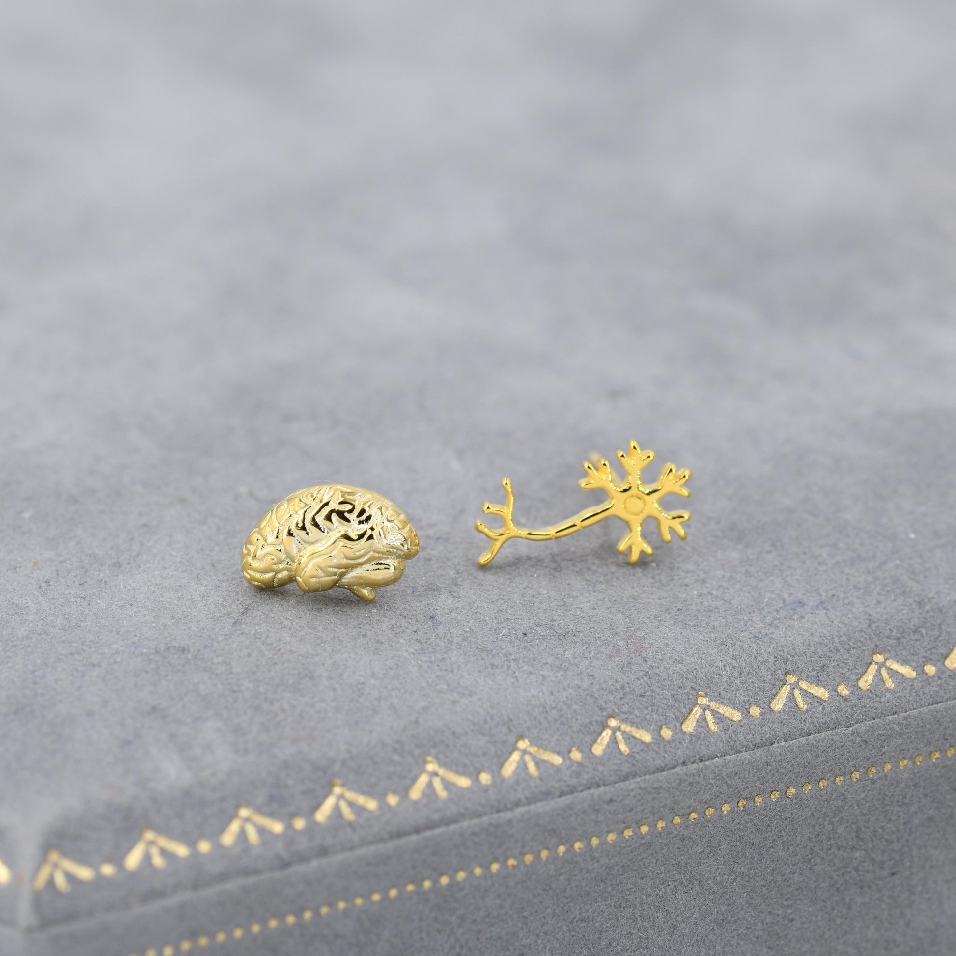 Mismatched Anatomical Brain and Neurone Stud Earrings in Sterling Silver, Silver or Gold, Asymmetric Science Earrings, Biology Jewellery