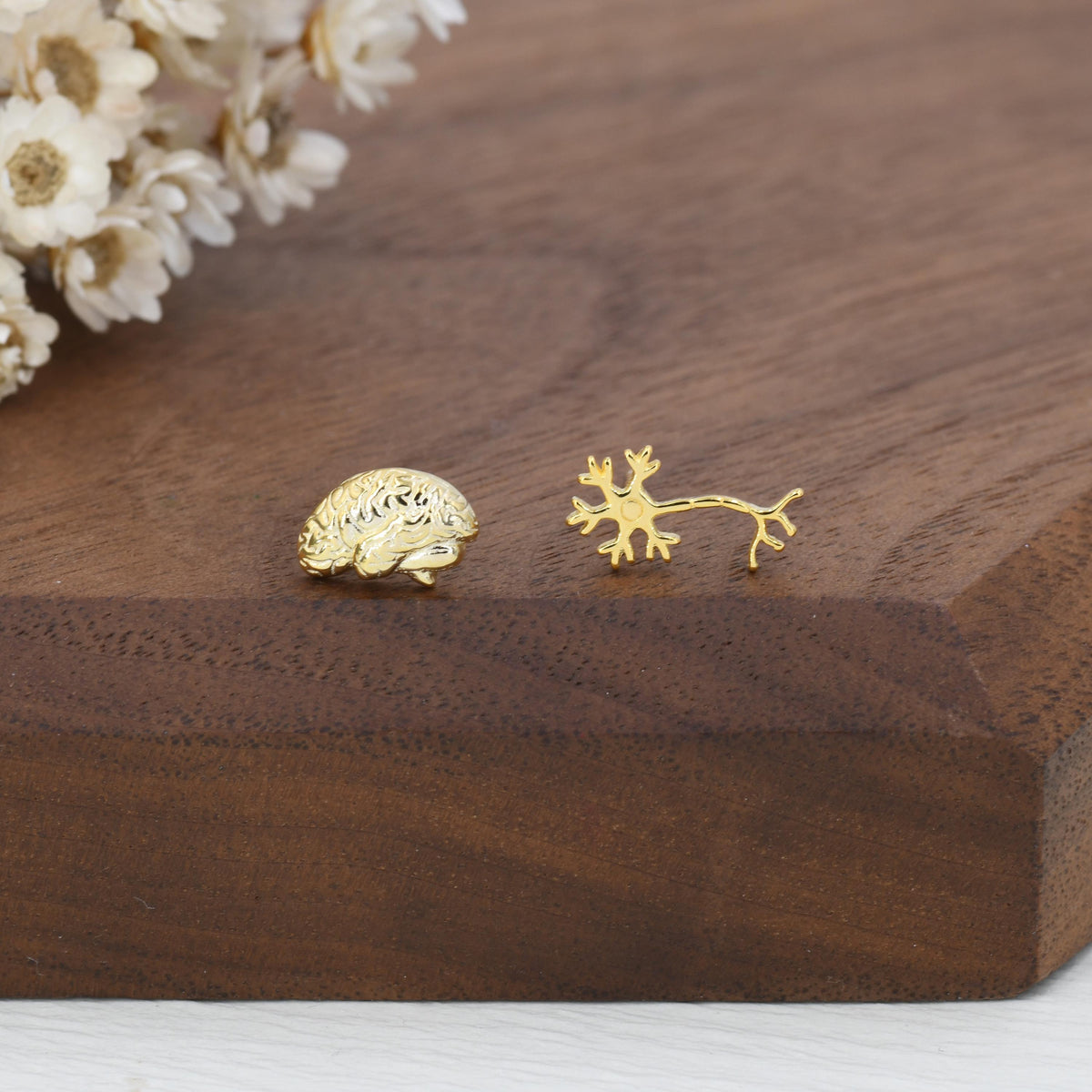 Mismatched Anatomical Brain and Neurone Stud Earrings in Sterling Silver, Silver or Gold, Asymmetric Science Earrings, Biology Jewellery