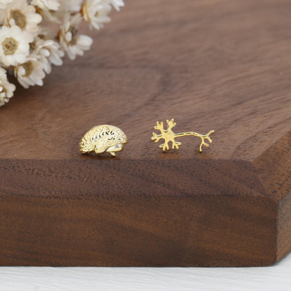Mismatched Anatomical Brain and Neurone Stud Earrings in Sterling Silver, Silver or Gold, Asymmetric Science Earrings, Biology Jewellery