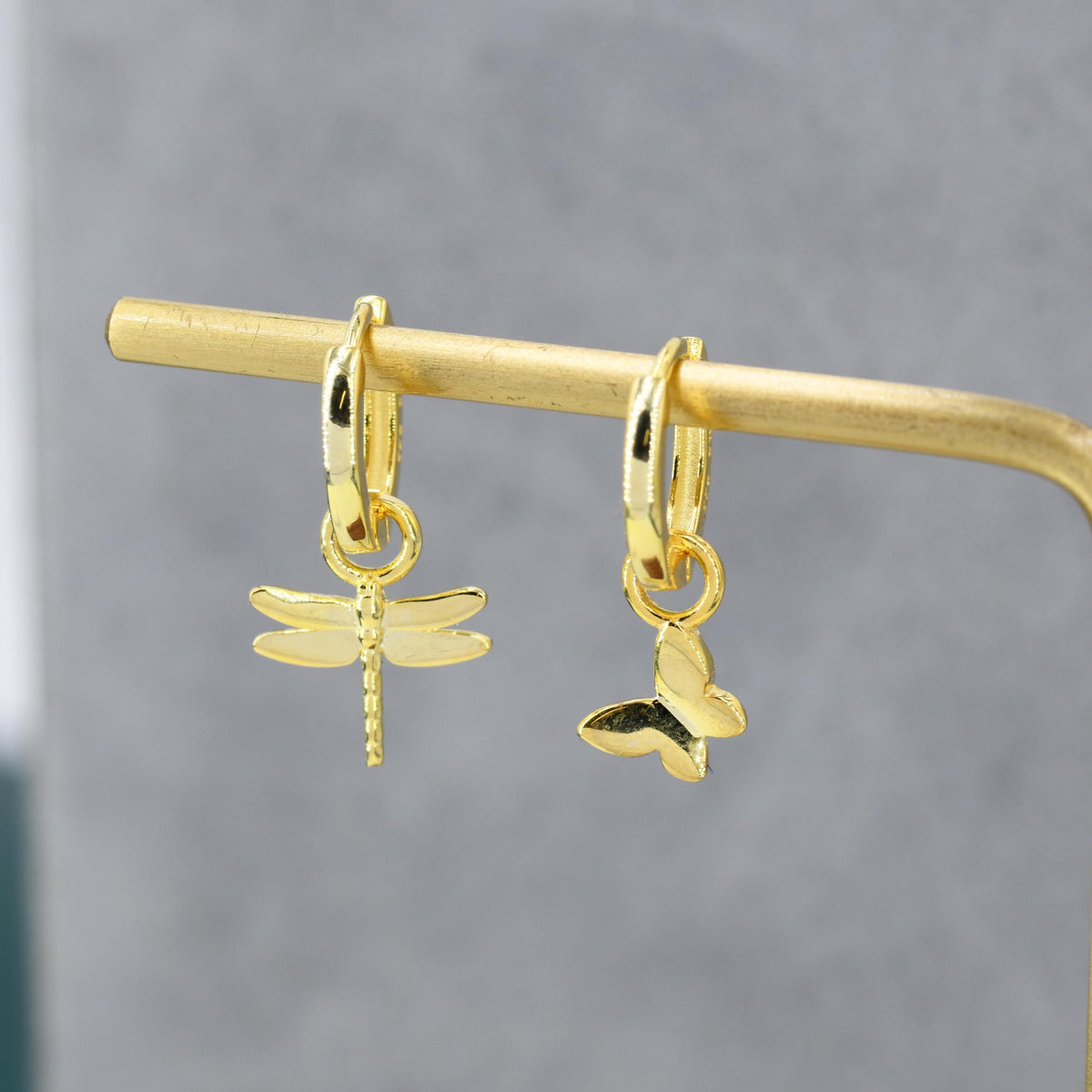 Sterling Silver Mismatched Butterfly and Dragonfly Huggie Hoops, Detachable Butterfly and Dragonfly Hoop Earrings, Gold or Rose Gold