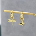 Sterling Silver Mismatched Butterfly and Dragonfly Huggie Hoops, Detachable Butterfly and Dragonfly Hoop Earrings, Gold or Rose Gold