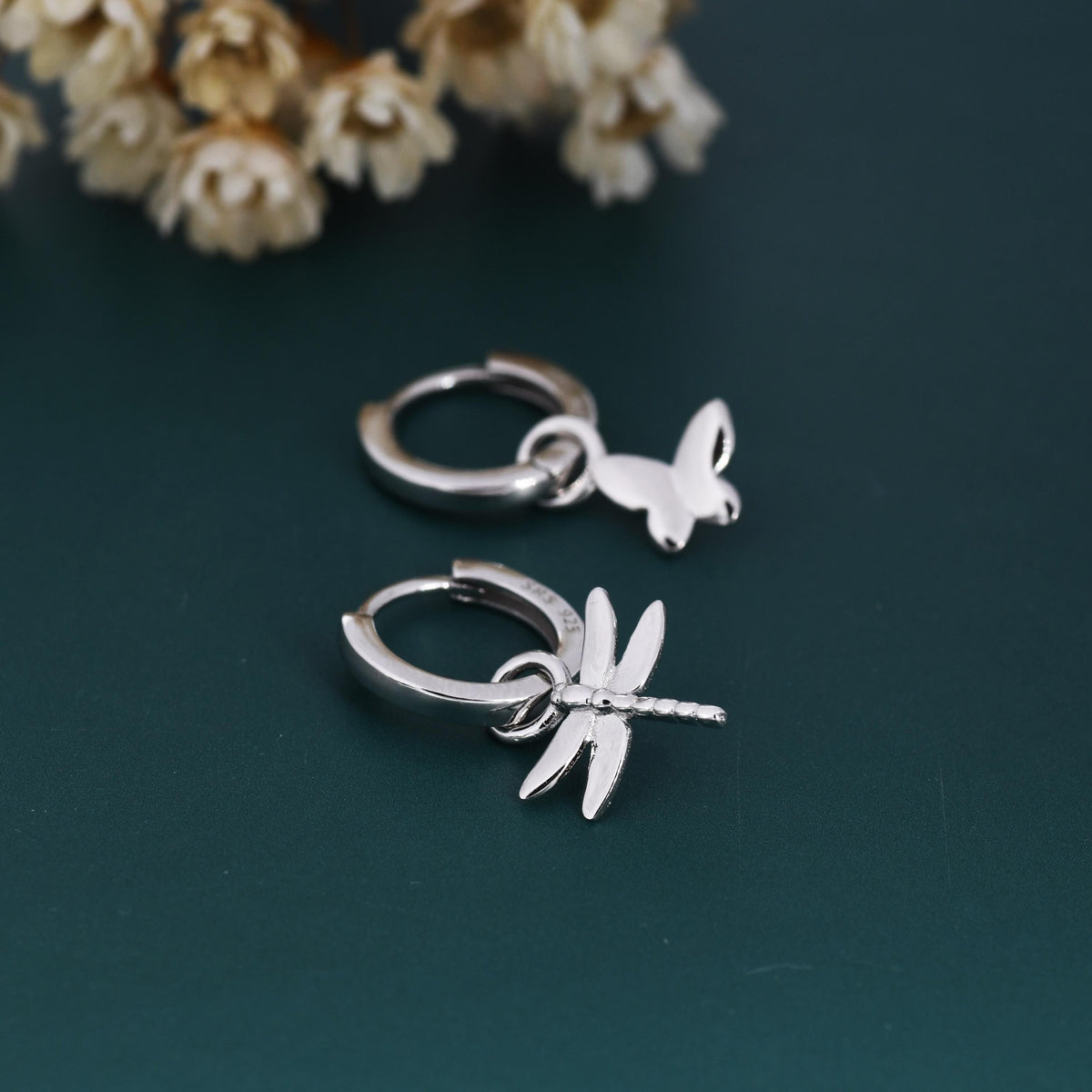 Sterling Silver Mismatched Butterfly and Dragonfly Huggie Hoops, Detachable Butterfly and Dragonfly Hoop Earrings, Gold or Rose Gold