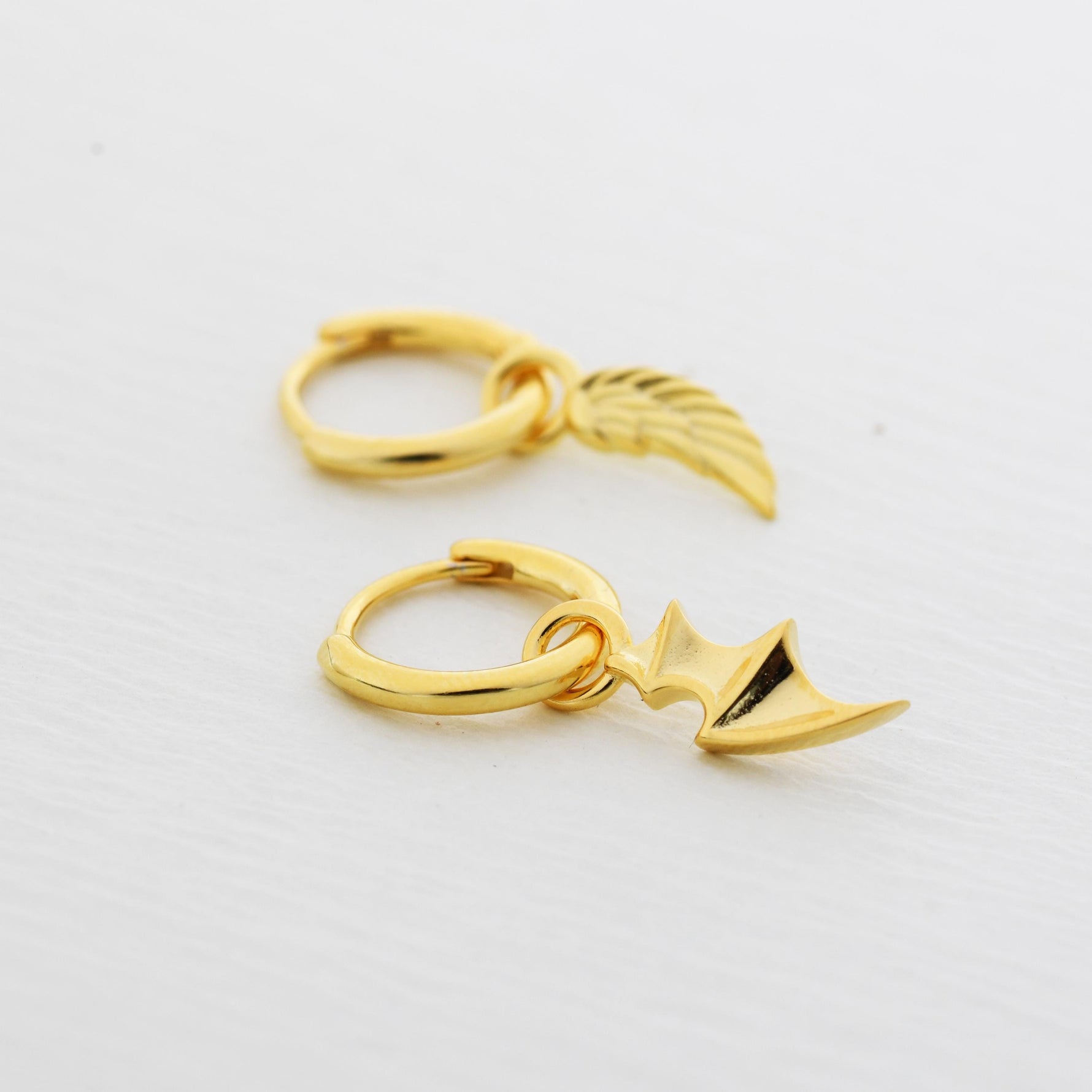 Mismatched Angel and Demon Wing Huggie Hoop Earrings in Sterling Silver, Asymetric Wing Earrings, Wing Hoops, Silver, Gold or Rose Gold