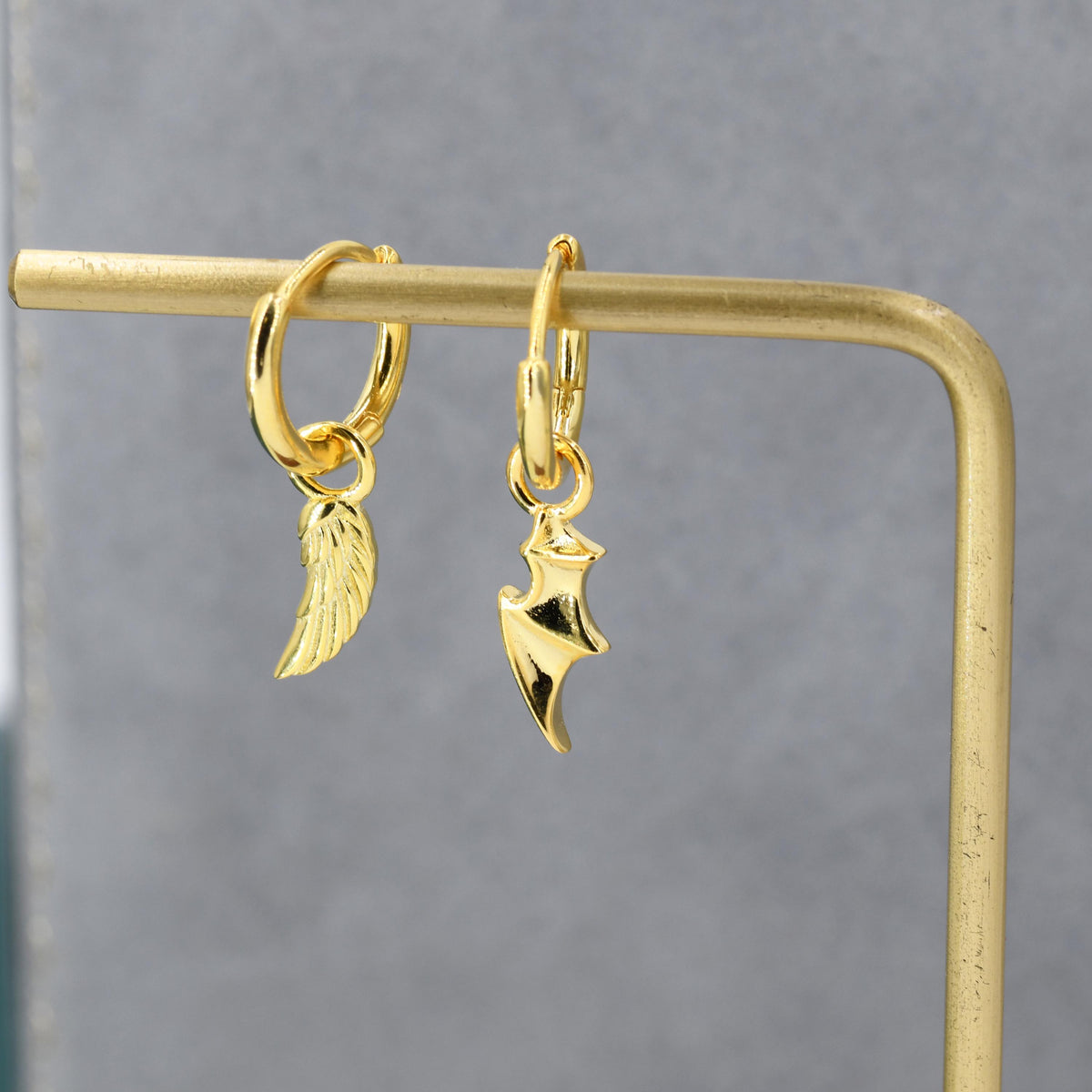 Mismatched Angel and Demon Wing Huggie Hoop Earrings in Sterling Silver, Asymetric Wing Earrings, Wing Hoops, Silver, Gold or Rose Gold