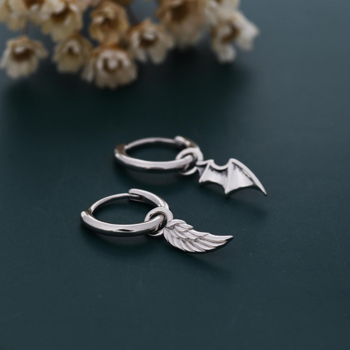 Mismatched Angel and Demon Wing Huggie Hoop Earrings in Sterling Silver, Asymetric Wing Earrings, Wing Hoops, Silver, Gold or Rose Gold