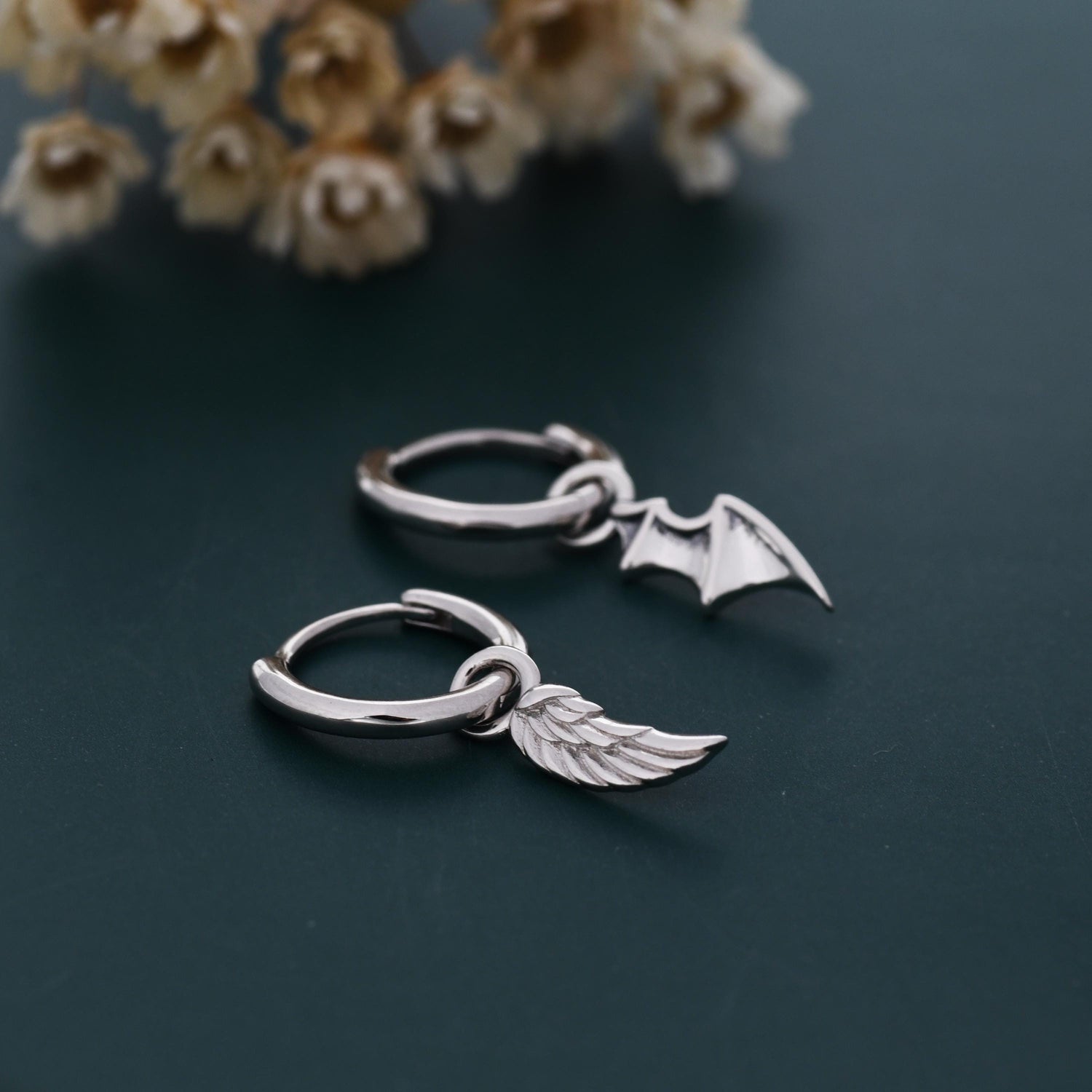 Mismatched Angel and Demon Wing Huggie Hoop Earrings in Sterling Silver, Asymetric Wing Earrings, Wing Hoops, Silver, Gold or Rose Gold