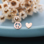 Tiny Mismatched Peace and Love Stud Earrings in Sterling Silver, Silver, Gold or Rose Gold, Small Asymmetric Heart and Peace Earrings