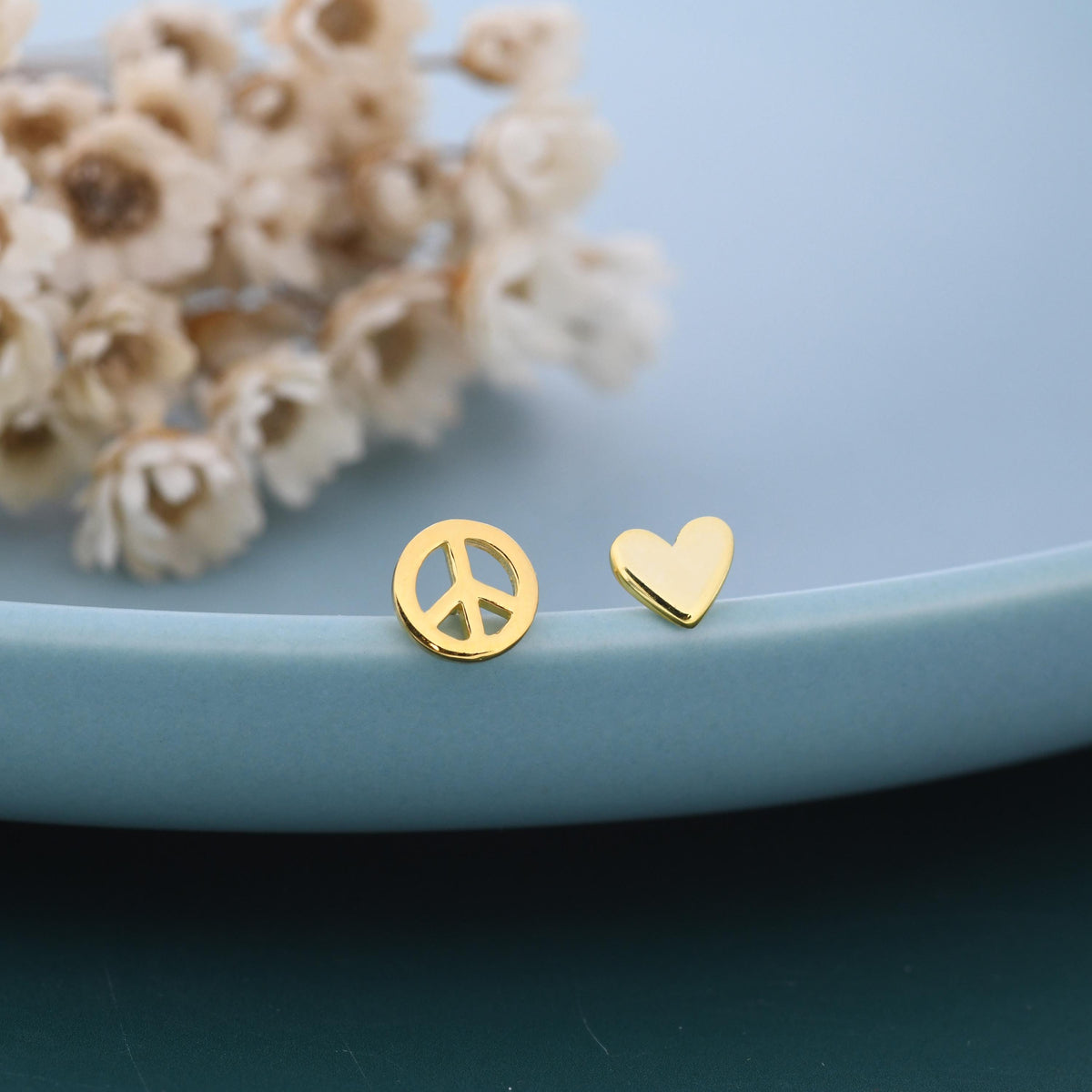 Tiny Mismatched Peace and Love Stud Earrings in Sterling Silver, Silver, Gold or Rose Gold, Small Asymmetric Heart and Peace Earrings