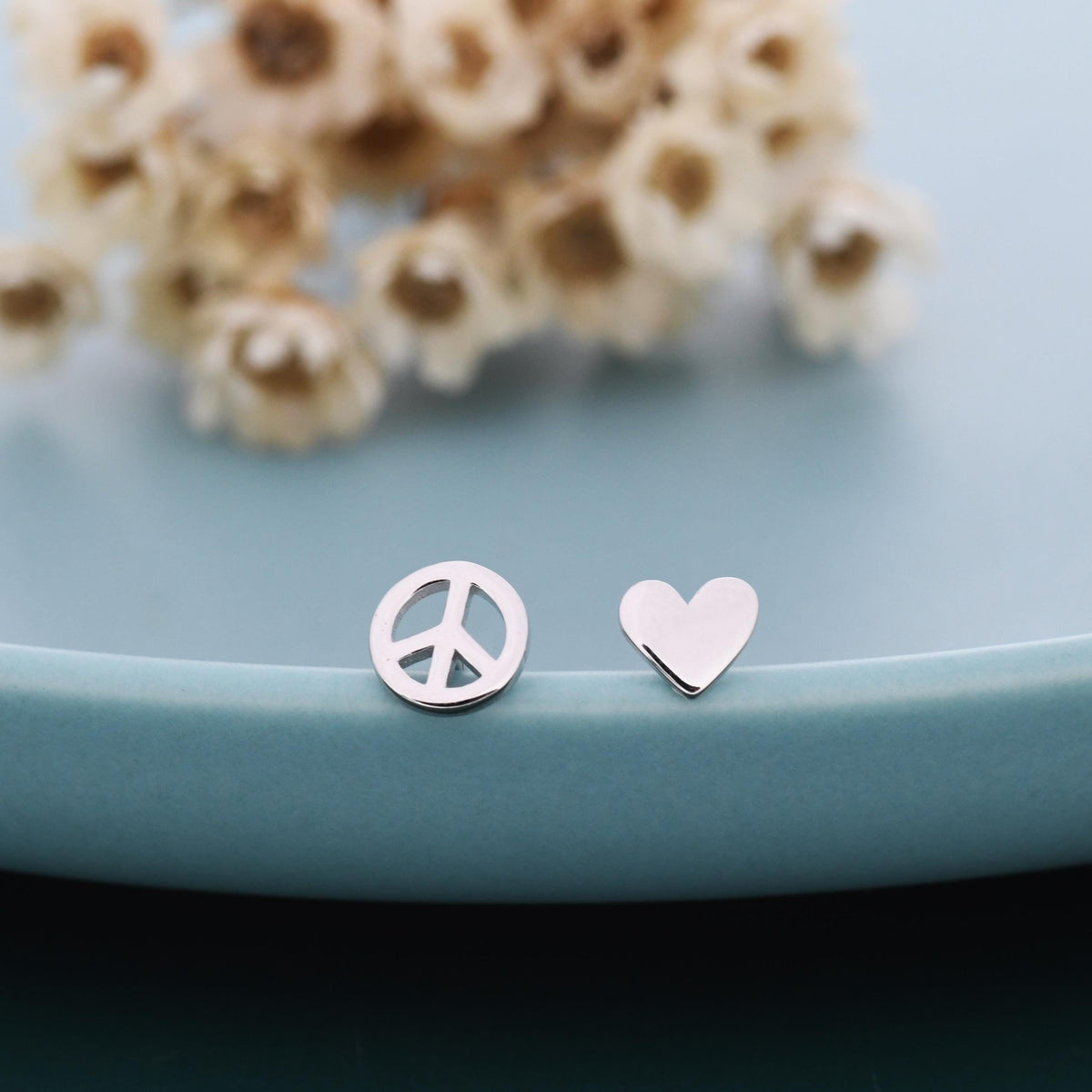 Tiny Mismatched Peace and Love Stud Earrings in Sterling Silver, Silver, Gold or Rose Gold, Small Asymmetric Heart and Peace Earrings