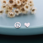 Tiny Mismatched Peace and Love Stud Earrings in Sterling Silver, Silver, Gold or Rose Gold, Small Asymmetric Heart and Peace Earrings
