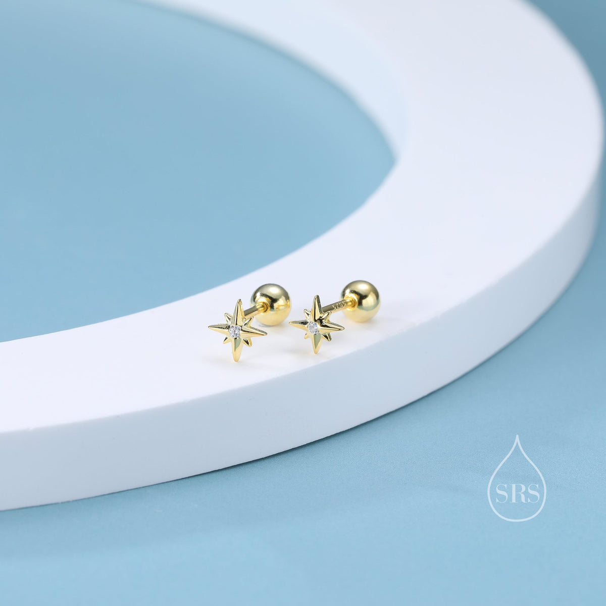 Tiny CZ Starburst 18G Screw Back Earrings in Sterling Silver