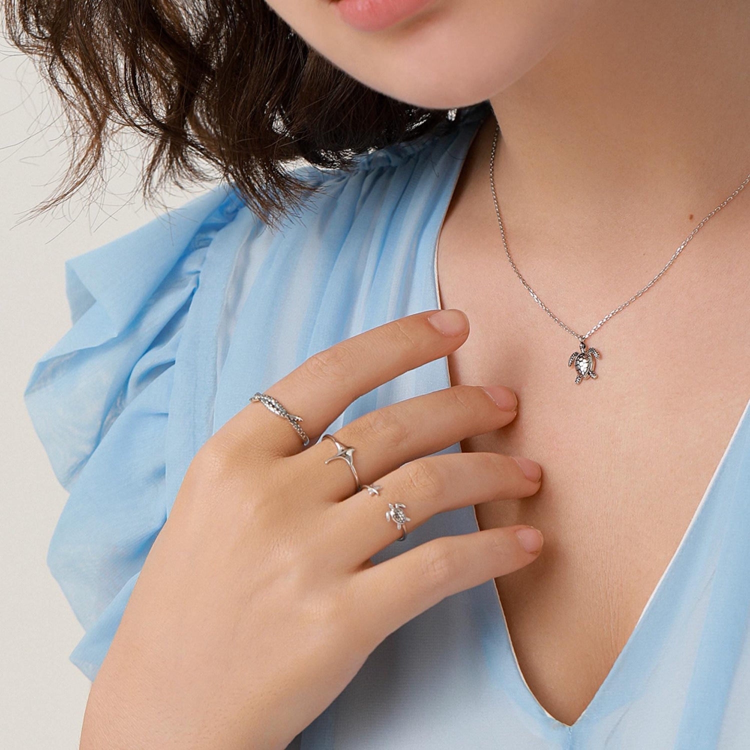 Turtle and Starfish Open Ring in Sterling Silver, Adjustable, Turtle Ring, Starfish Ring, Ocean Inspired, Nature Jewellery, Animal Ring