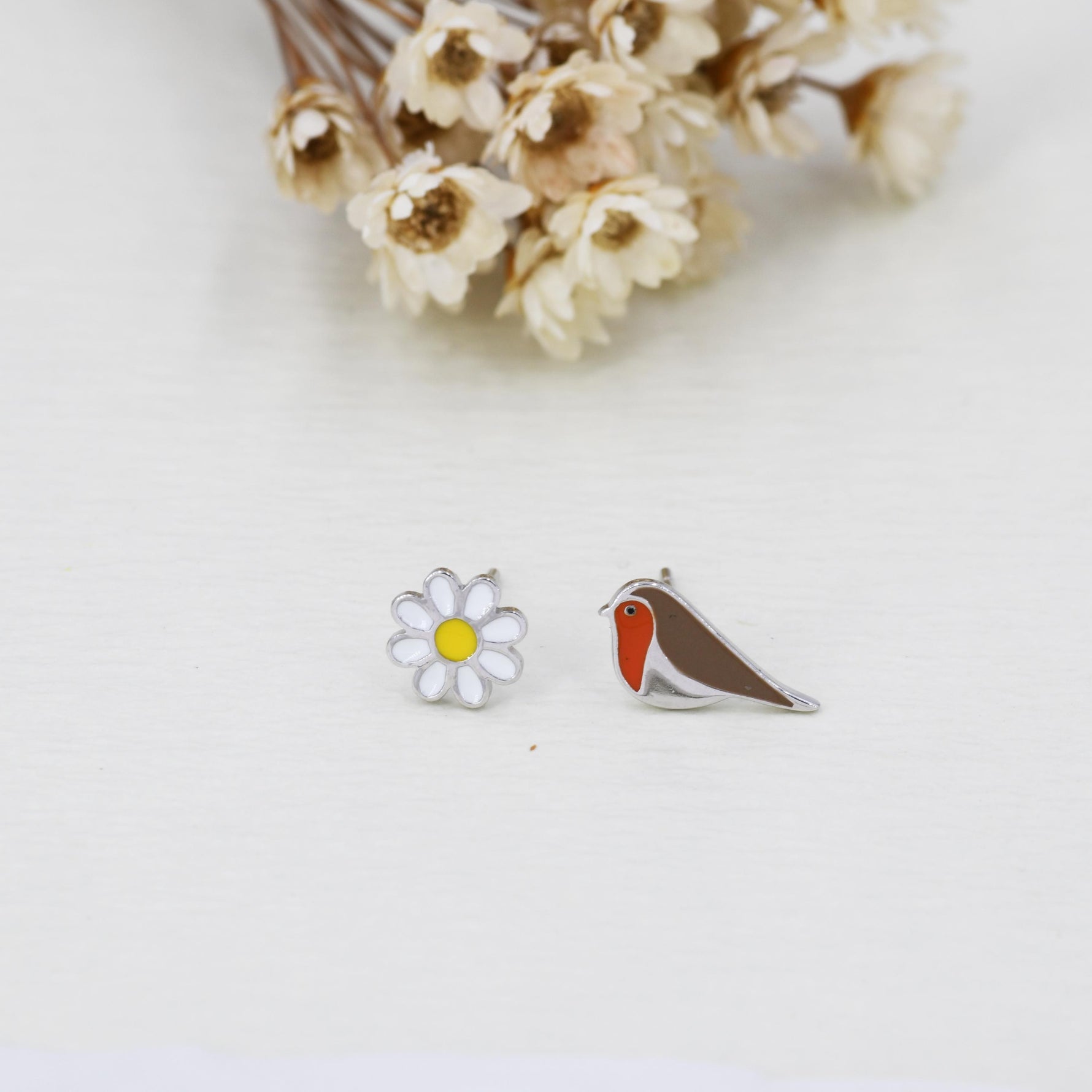 Mismatched Enamel Daisy and Robin Bird Stud Earrings in Sterling Silver, Asymmetric Robin Bird and Daisy Flower Earrings,