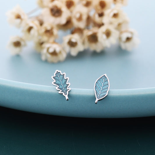 Mismatched Enamel Oak and Beech Leaf Stud Earrings in Sterling Silver, Asymmetric Beech and Acorn Leaf Earrings, Small Leaf Stud