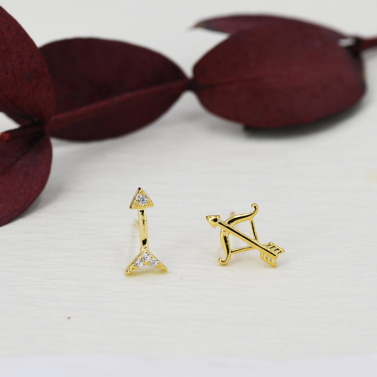 Mismatched CZ Bow and Arrow Stud Earrings in Sterling Silver, Silver or Gold or Rose Gold, Asymmetric Bow and Arrow Earrings
