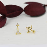 Mismatched CZ Bow and Arrow Stud Earrings in Sterling Silver, Silver or Gold or Rose Gold, Asymmetric Bow and Arrow Earrings