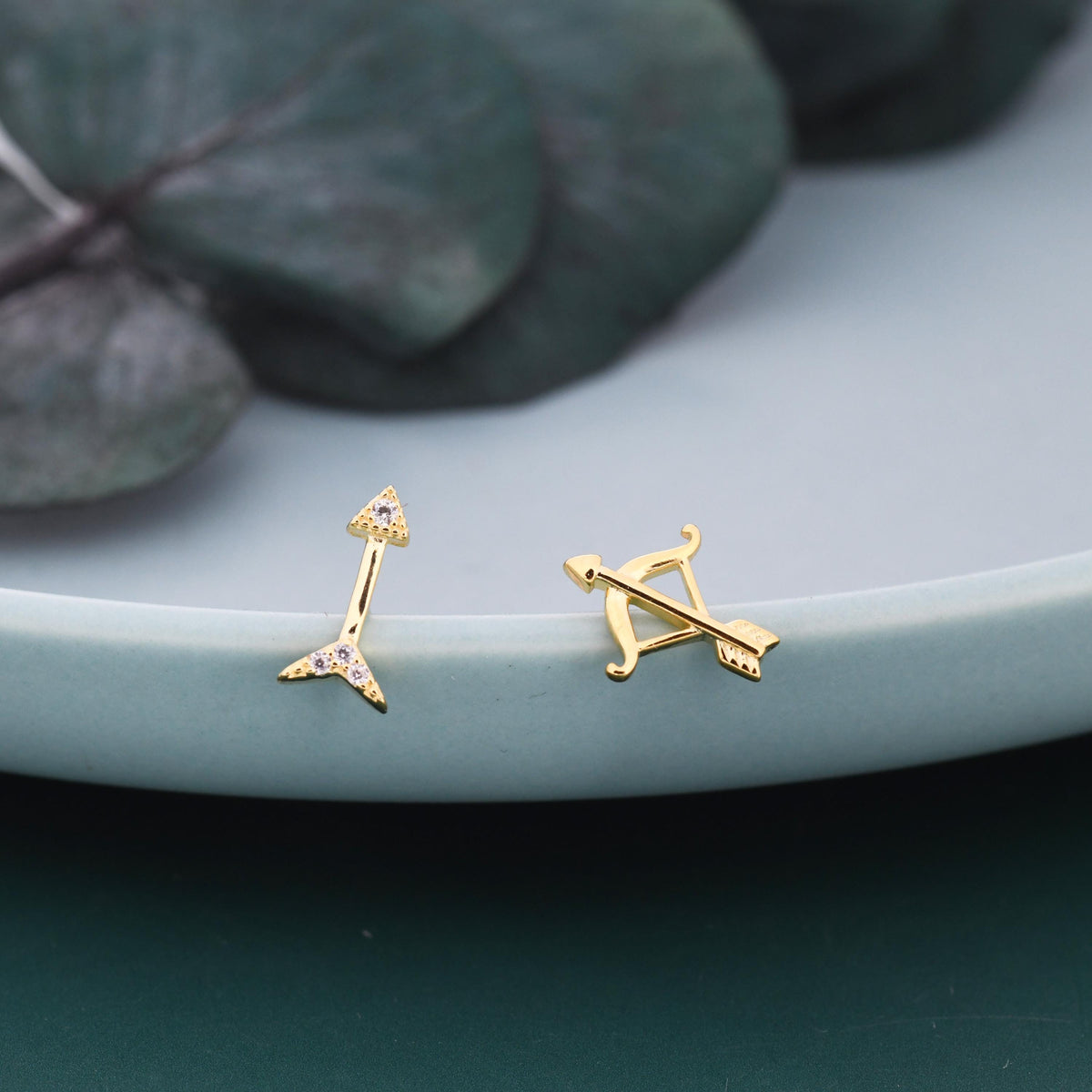 Mismatched CZ Bow and Arrow Stud Earrings in Sterling Silver, Silver or Gold or Rose Gold, Asymmetric Bow and Arrow Earrings