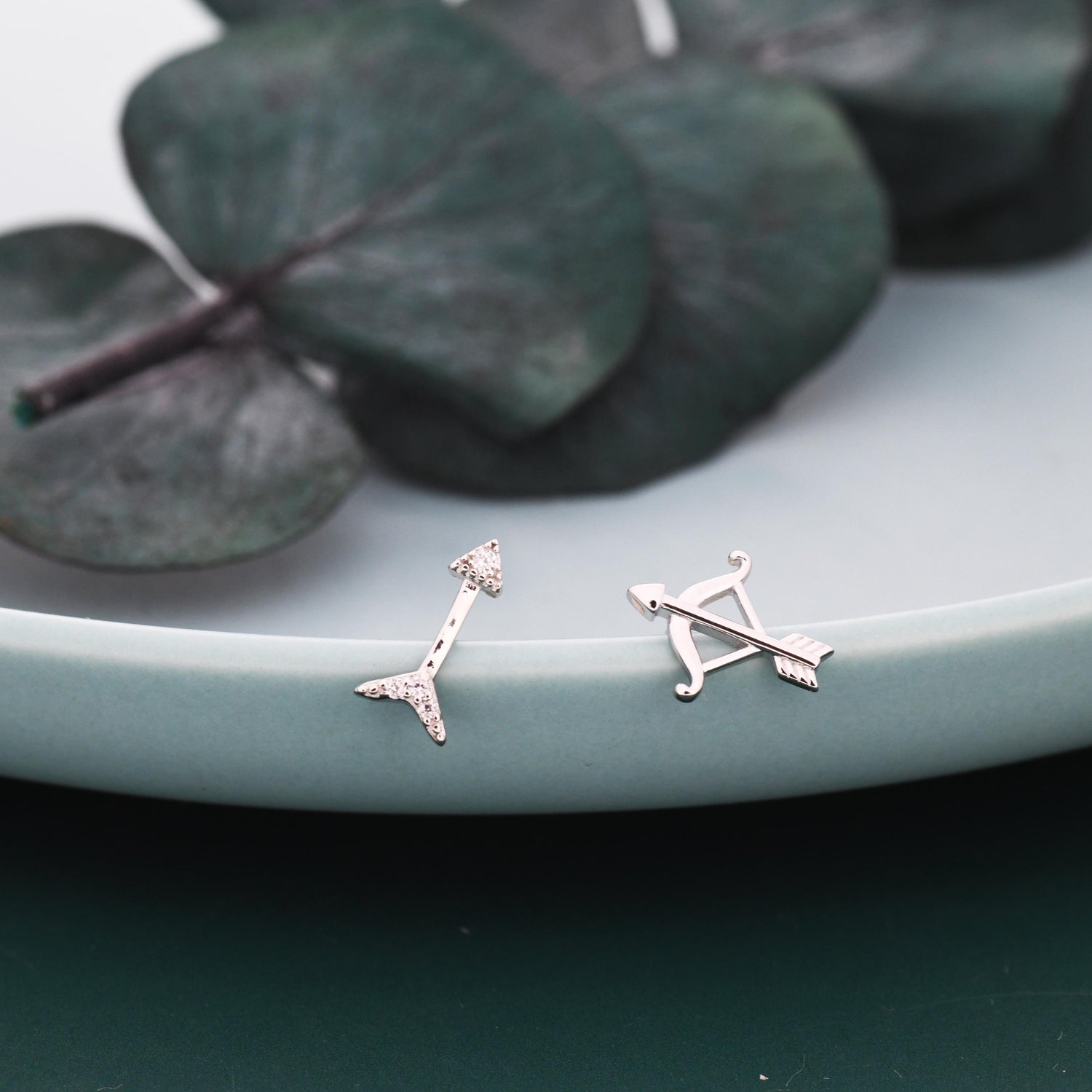 Mismatched CZ Bow and Arrow Stud Earrings in Sterling Silver, Silver or Gold or Rose Gold, Asymmetric Bow and Arrow Earrings