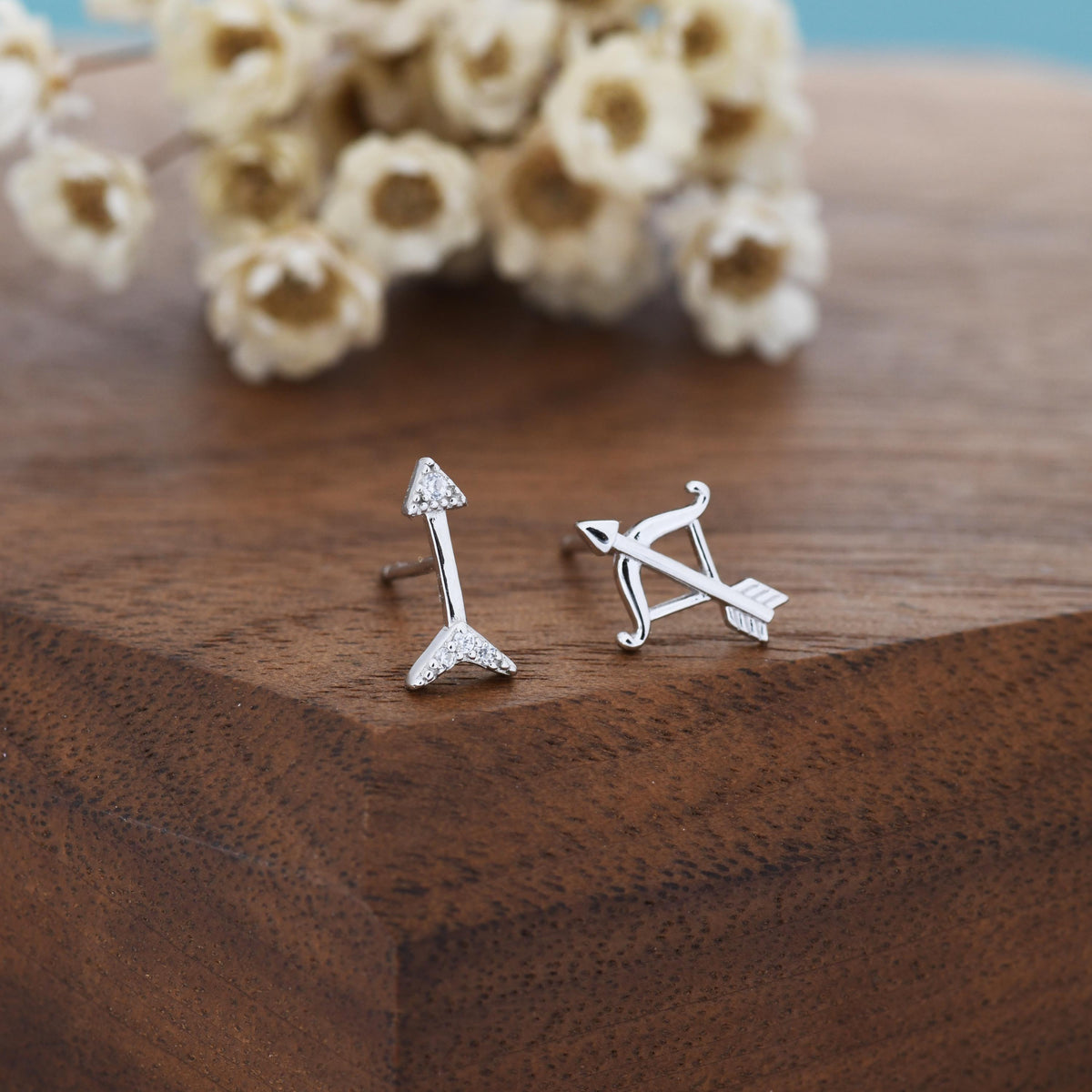 Mismatched CZ Bow and Arrow Stud Earrings in Sterling Silver, Silver or Gold or Rose Gold, Asymmetric Bow and Arrow Earrings