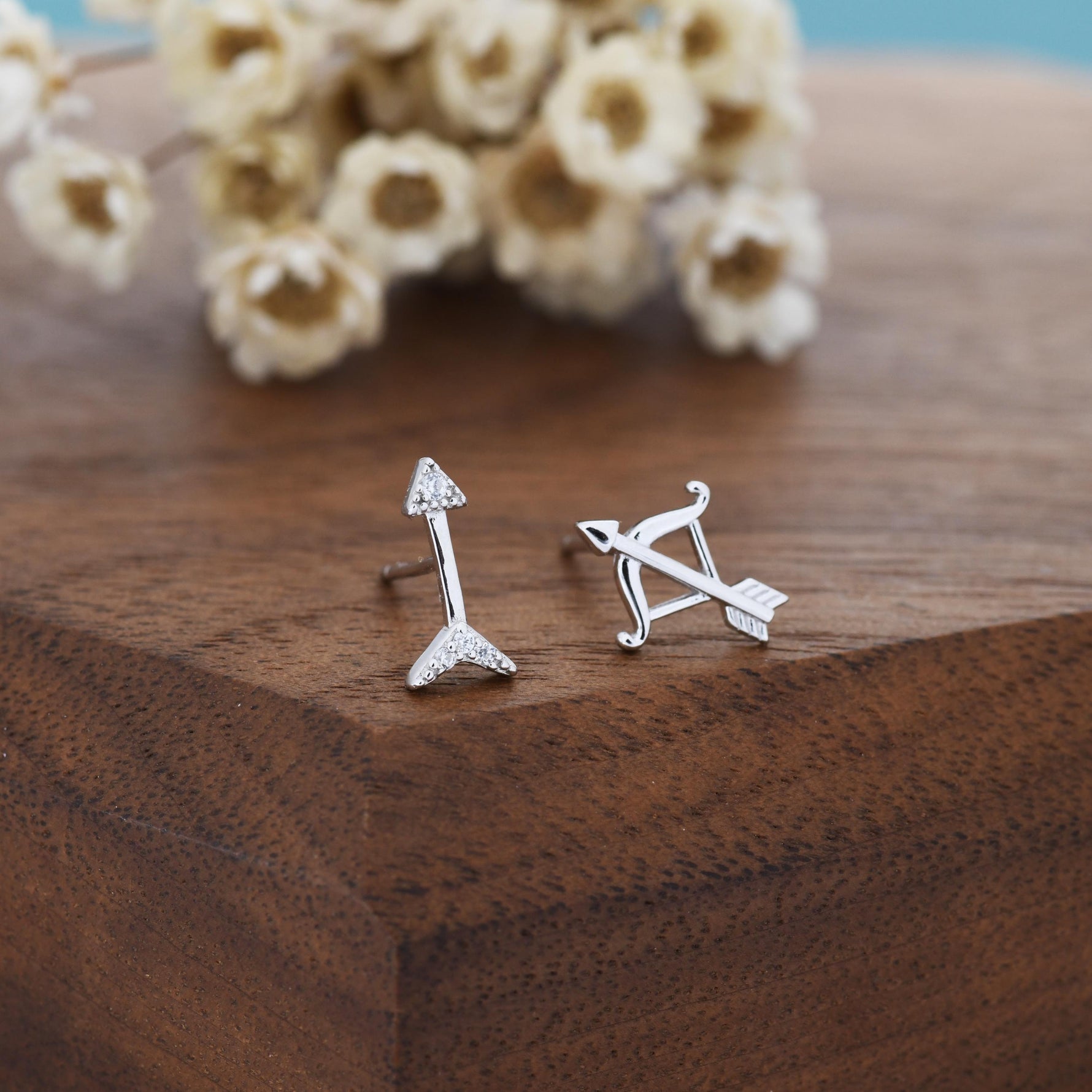 Mismatched CZ Bow and Arrow Stud Earrings in Sterling Silver, Silver or Gold or Rose Gold, Asymmetric Bow and Arrow Earrings