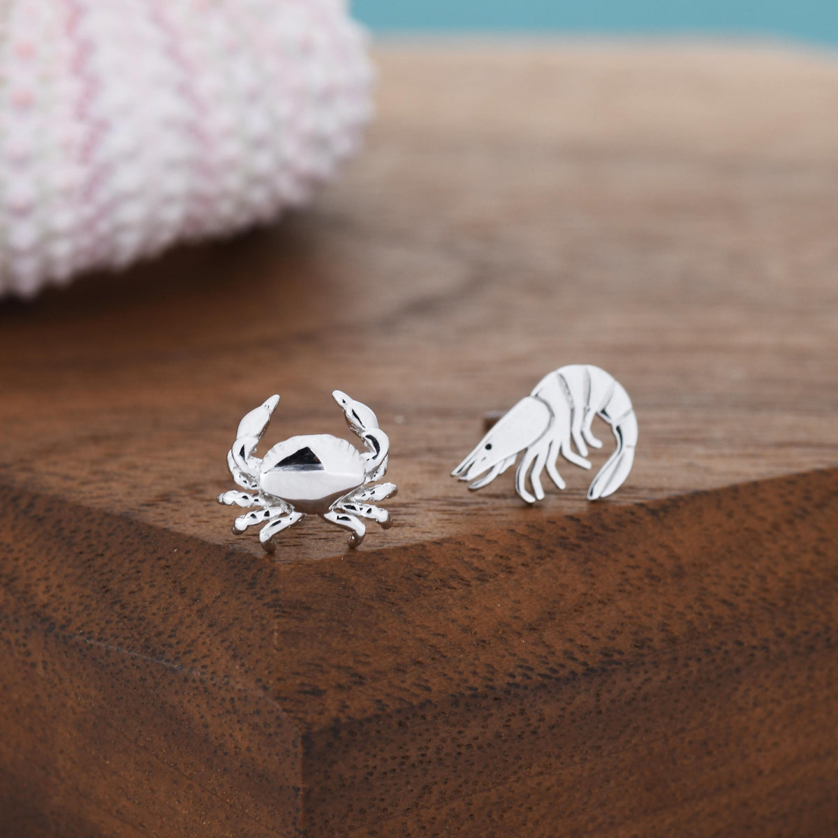 Mismatched Prawn and Crab Stud Earrings in Sterling Silver, Asymmetric Crab Shrimp Stud Earrings, Fish Earrings, Ocean Animal Earrings