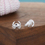 Mismatched Prawn and Crab Stud Earrings in Sterling Silver, Asymmetric Crab Shrimp Stud Earrings, Fish Earrings, Ocean Animal Earrings