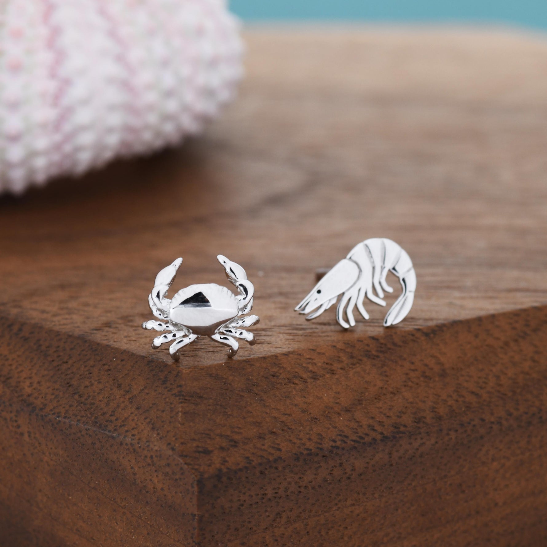 Mismatched Prawn and Crab Stud Earrings in Sterling Silver, Asymmetric Crab Shrimp Stud Earrings, Fish Earrings, Ocean Animal Earrings