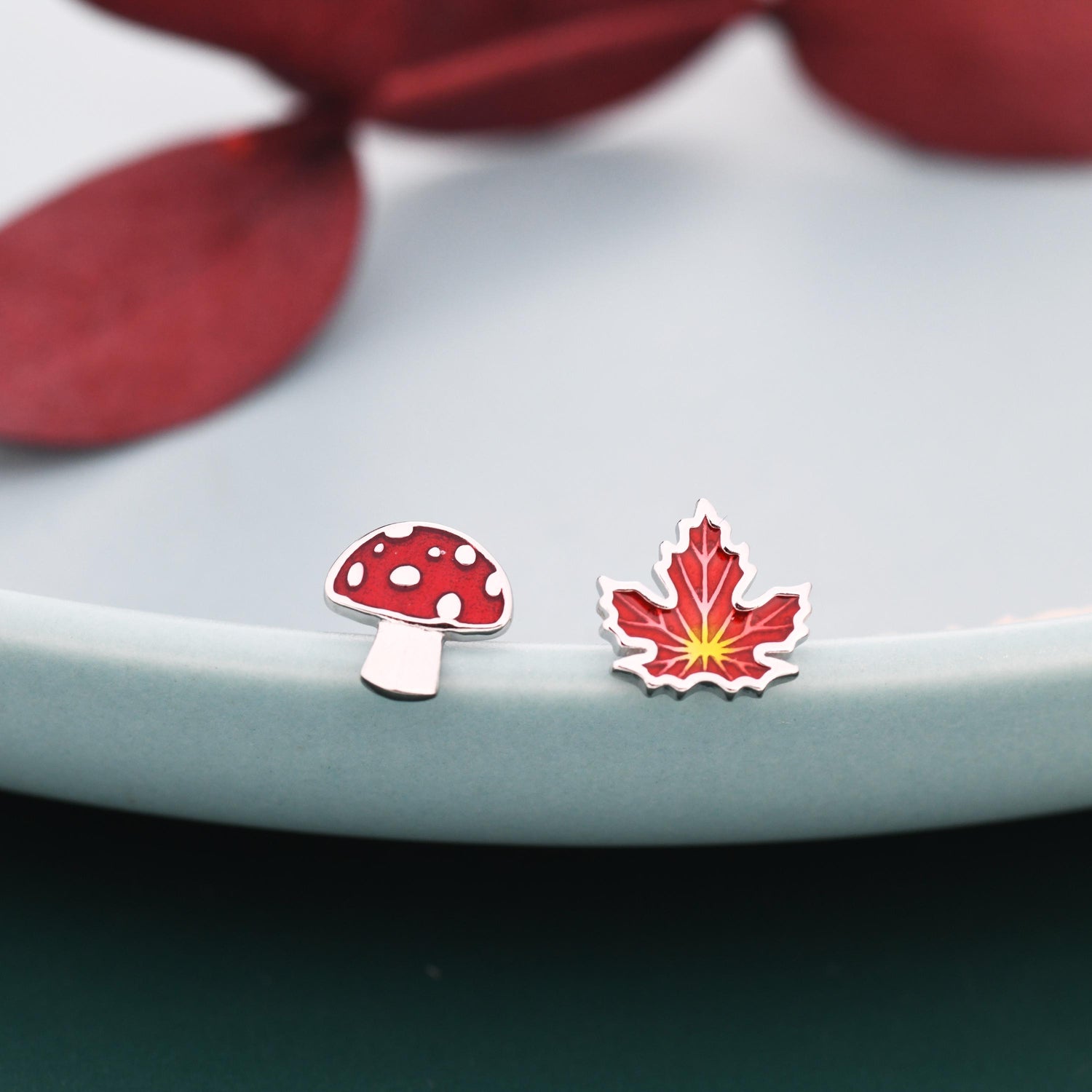 Mismatched Enamel Maple Leaf and Mushroom Stud Earrings in Sterling Silver, Petite Asymmetric Mushroom and Maple Leaf Earrings