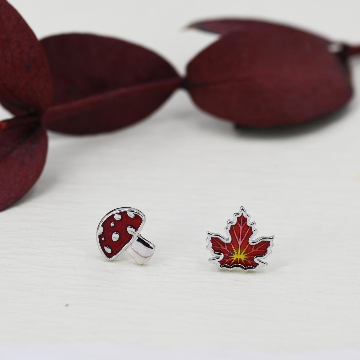 Mismatched Enamel Maple Leaf and Mushroom Stud Earrings in Sterling Silver, Petite Asymmetric Mushroom and Maple Leaf Earrings