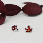Mismatched Enamel Maple Leaf and Mushroom Stud Earrings in Sterling Silver, Petite Asymmetric Mushroom and Maple Leaf Earrings