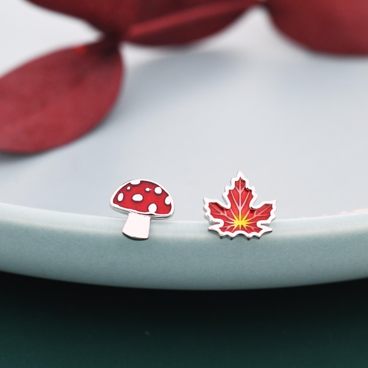 Mismatched Enamel Maple Leaf and Mushroom Stud Earrings in Sterling Silver, Petite Asymmetric Mushroom and Maple Leaf Earrings
