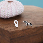 Mismatched Coffin and Bat Stud Earrings in Sterling Silver, Silver or Gold, Asymmetric Bat and Coffin Cross Earrings, Vampire Earrings