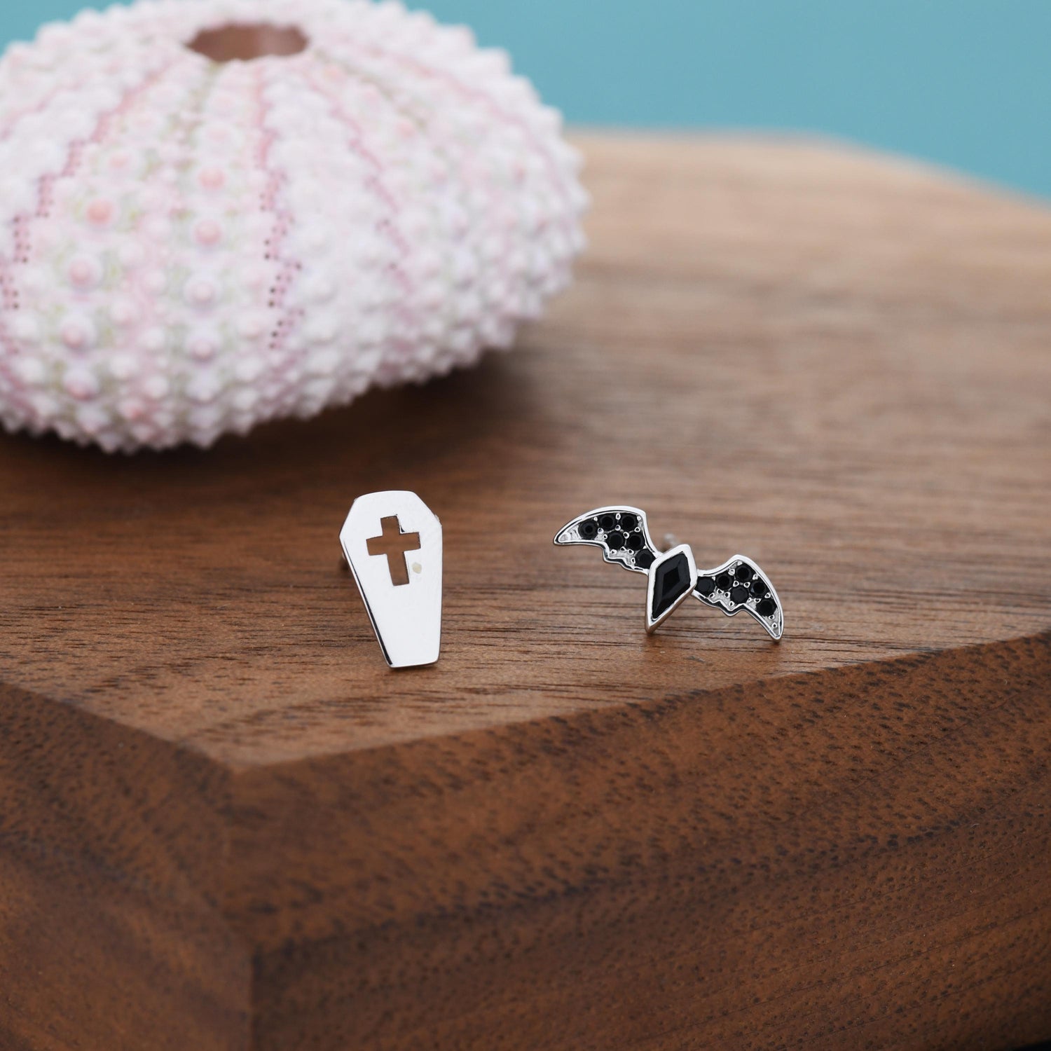 Mismatched Coffin and Bat Stud Earrings in Sterling Silver, Silver or Gold, Asymmetric Bat and Coffin Cross Earrings, Vampire Earrings