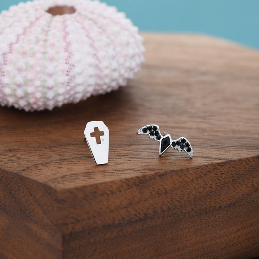 Mismatched Coffin and Bat Stud Earrings in Sterling Silver, Silver or Gold, Asymmetric Bat and Coffin Cross Earrings, Vampire Earrings