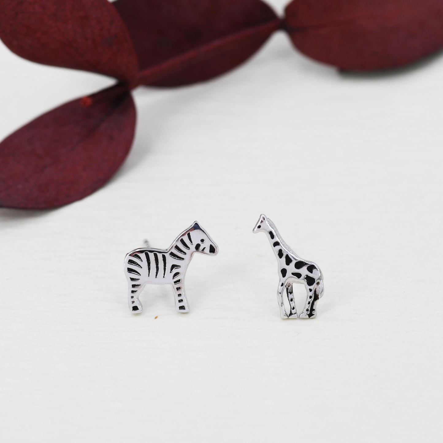 Mismatched Sterling Silver Zebra and Giraffe Stud Earrings, Asymmetric Giraffe and Zebra Earrings in Sterling Silver, Safari Animal Earrings
