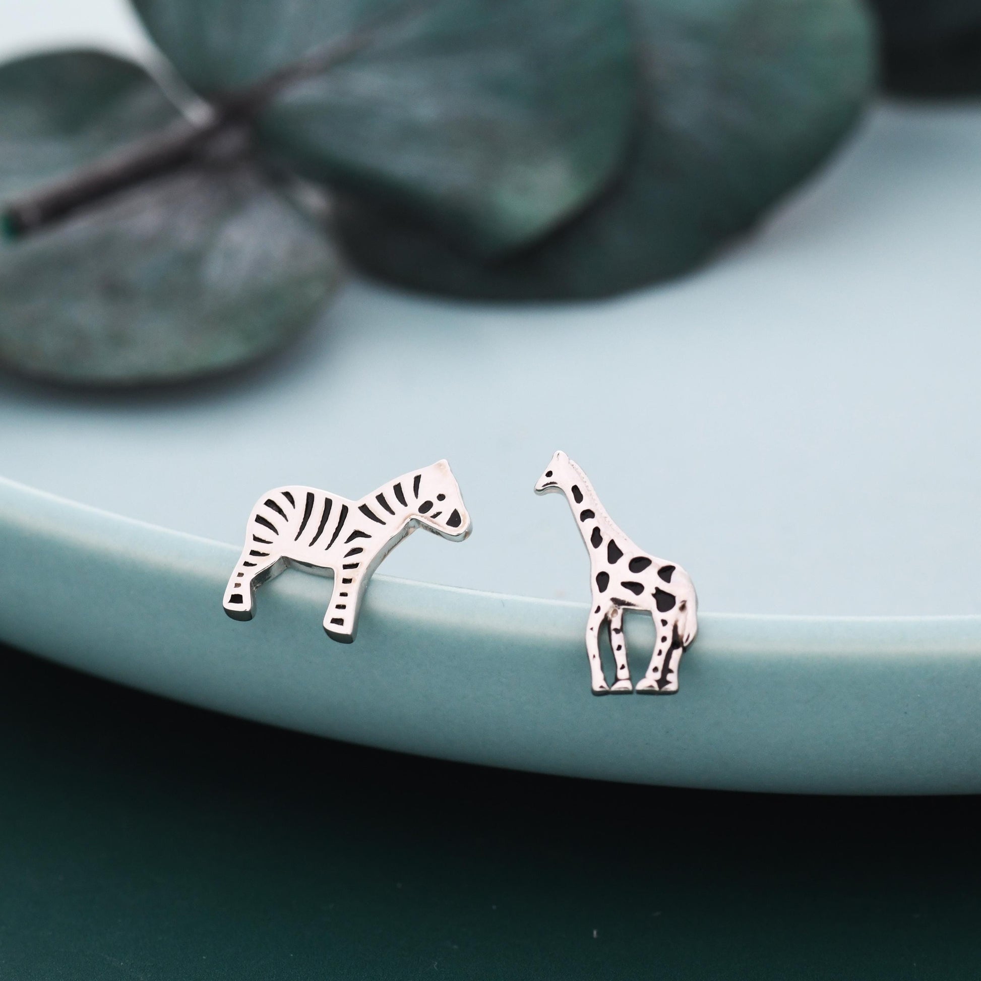 Mismatched Sterling Silver Zebra and Giraffe Stud Earrings, Asymmetric Giraffe and Zebra Earrings in Sterling Silver, Safari Animal Earrings