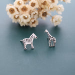 Mismatched Sterling Silver Zebra and Giraffe Stud Earrings, Asymmetric Giraffe and Zebra Earrings in Sterling Silver, Safari Animal Earrings