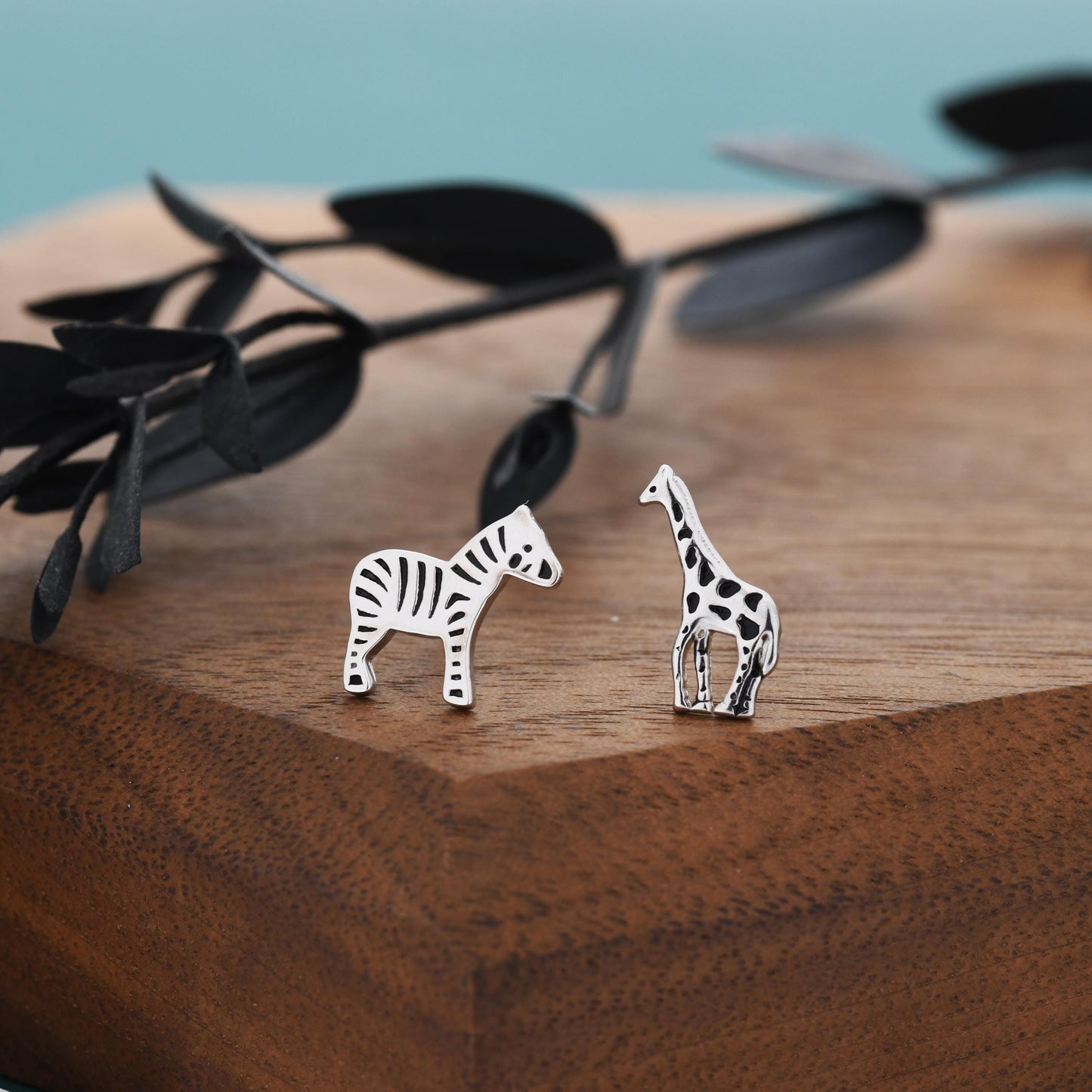 Mismatched Sterling Silver Zebra and Giraffe Stud Earrings, Asymmetric Giraffe and Zebra Earrings in Sterling Silver, Safari Animal Earrings