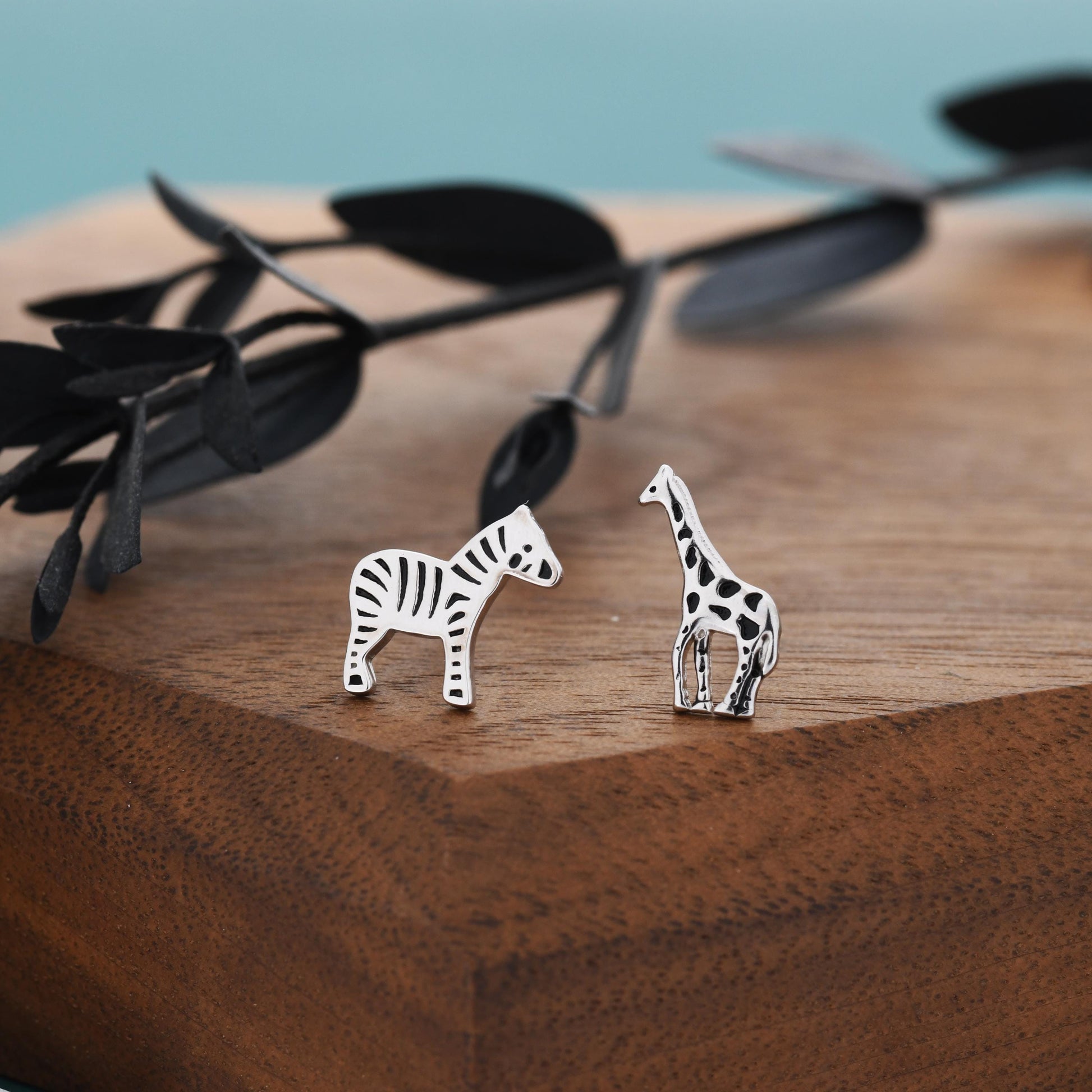 Mismatched Sterling Silver Zebra and Giraffe Stud Earrings, Asymmetric Giraffe and Zebra Earrings in Sterling Silver, Safari Animal Earrings