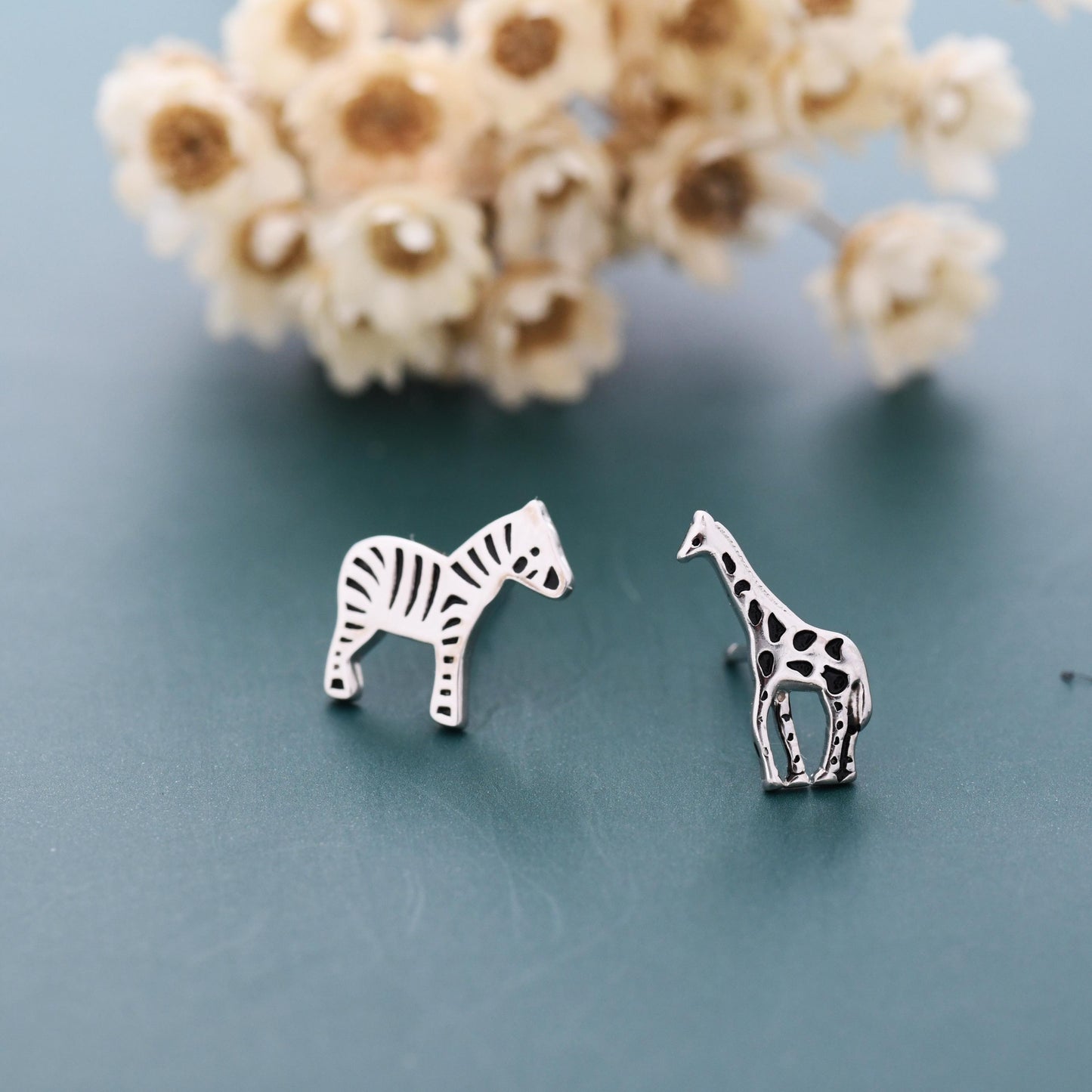 Mismatched Sterling Silver Zebra and Giraffe Stud Earrings, Asymmetric Giraffe and Zebra Earrings in Sterling Silver, Safari Animal Earrings