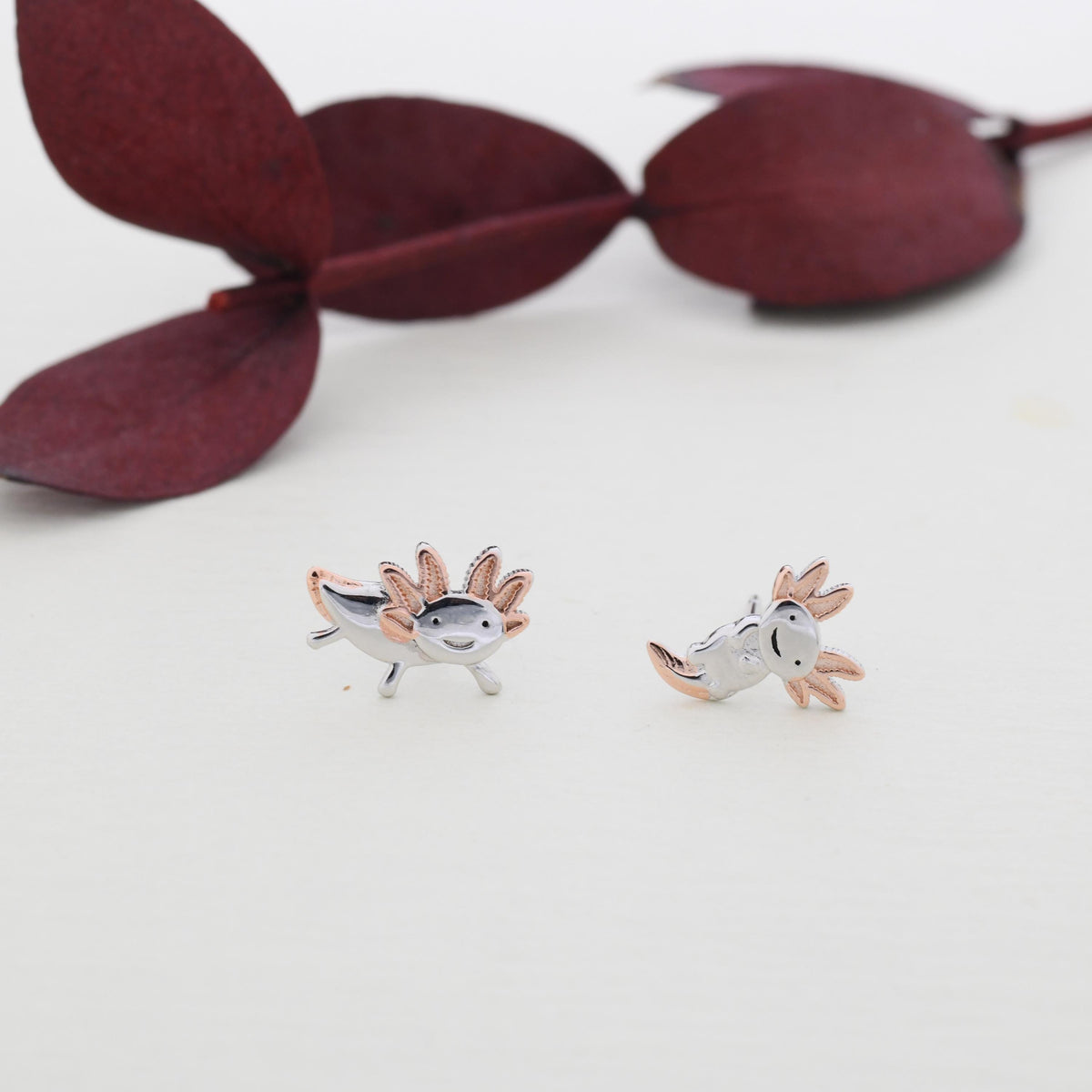 Mismatched Cute Axolotl Stud Earrings in Sterling Silver - Asymmetric Sea Creature Stud Earrings - Tiny Earrings - Pet Lover