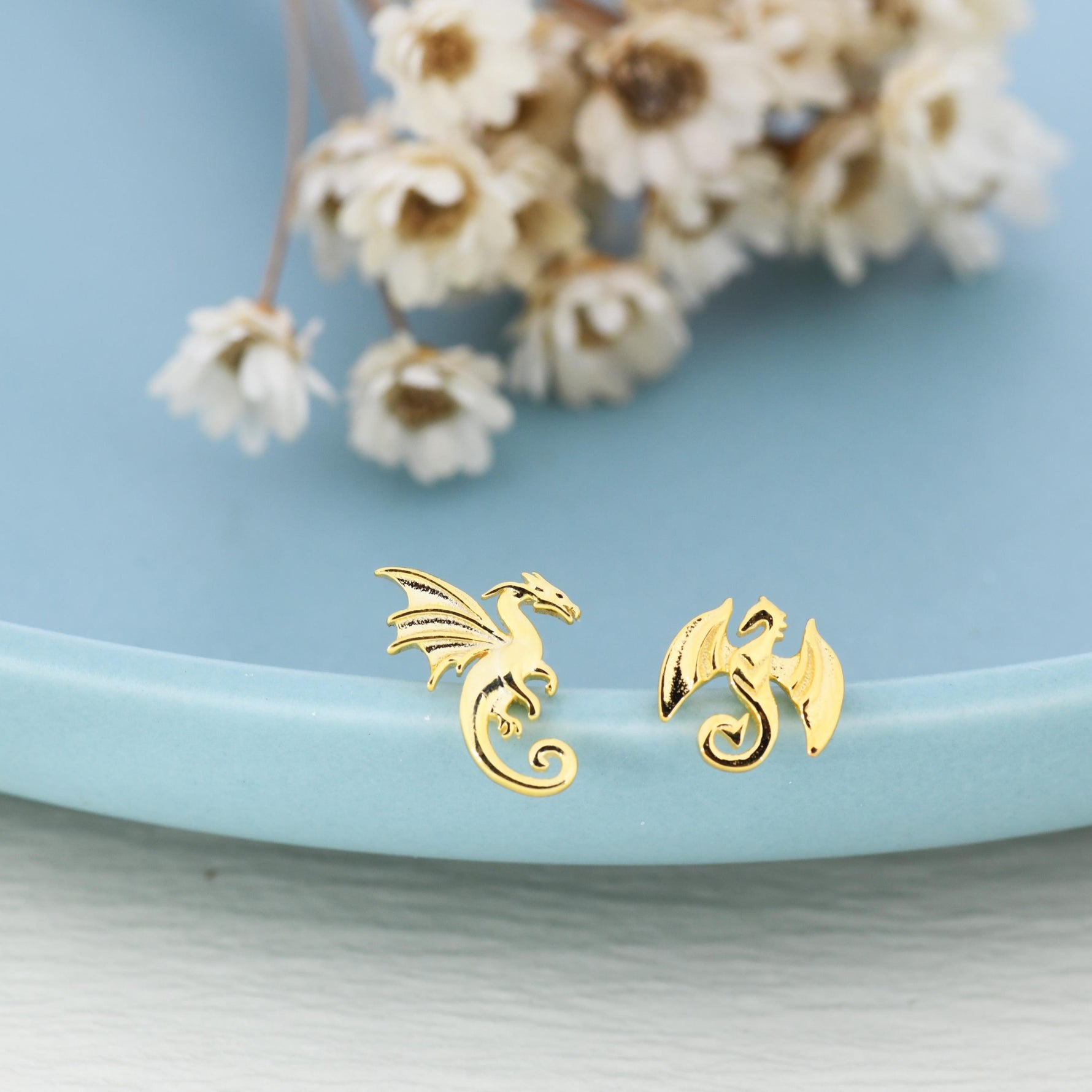 Tiny Mismatched Dragon Stud Earrings in Sterling Silver, Silver or Gold, Asymmetric Dragon Stud Earrings