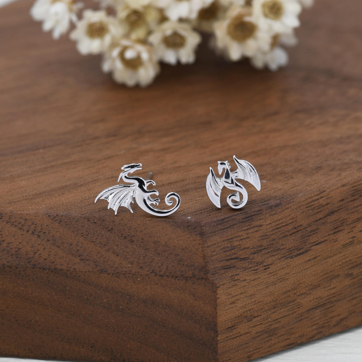 Tiny Mismatched Dragon Stud Earrings in Sterling Silver, Silver or Gold, Asymmetric Dragon Stud Earrings
