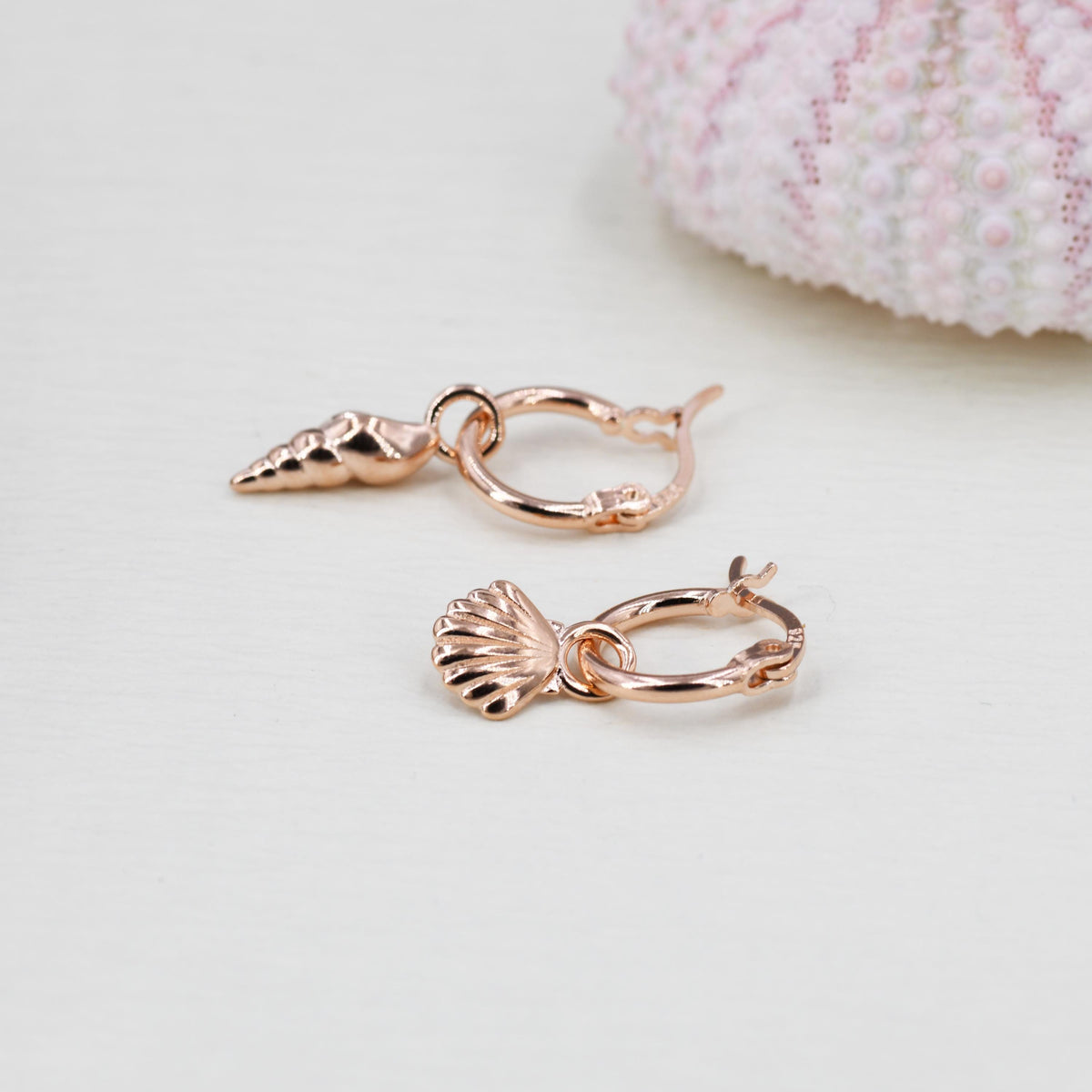 Mismatched Shell Huggie Hoops Earrings in Sterling Silver, Silver or Gold or Rose Gold, Ocean Earrings, Asymmetric Sea Shell Earrings,