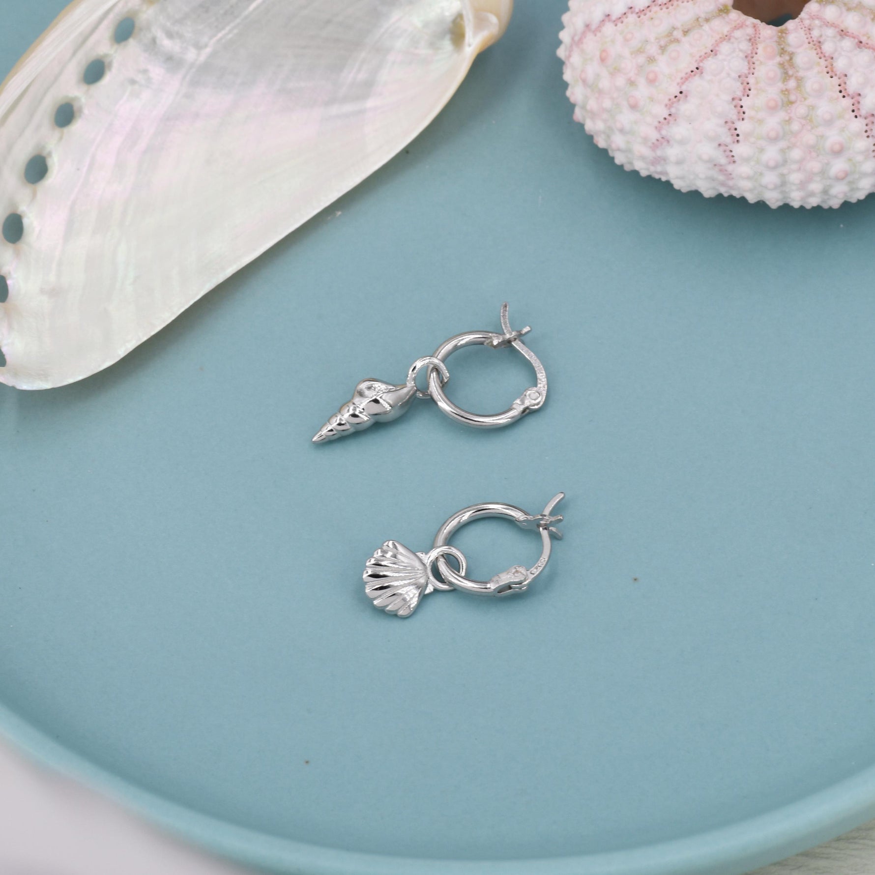 Mismatched Shell Huggie Hoops Earrings in Sterling Silver, Silver or Gold or Rose Gold, Ocean Earrings, Asymmetric Sea Shell Earrings,