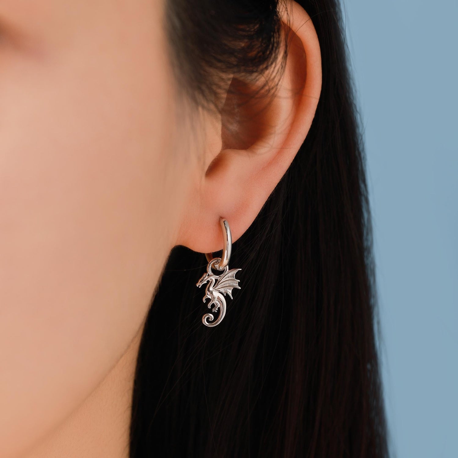 Mismatched Flying Dragon Huggie Hoop in Sterling Silver, Silver or Gold or Rose Gold, Asymmetric Detachable Dagon Dangle Hoop Earrings
