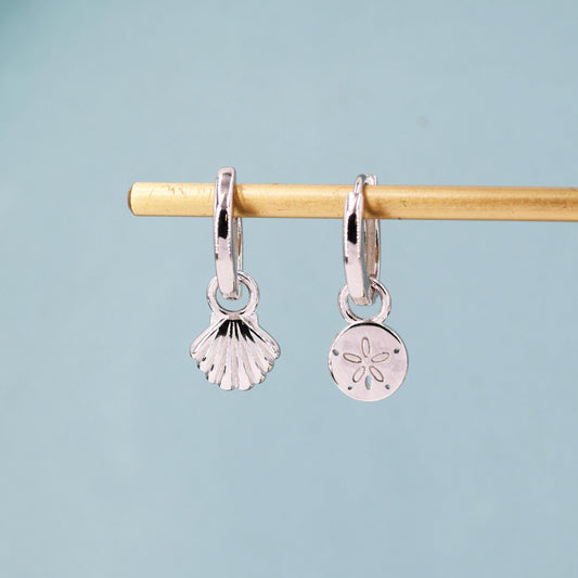 Sterling Silver Mismatched Shell Huggie Hoops, Silver, Gold or Rose Gold, Detachable Cute Asymmetric Shell Hoop Earrings,