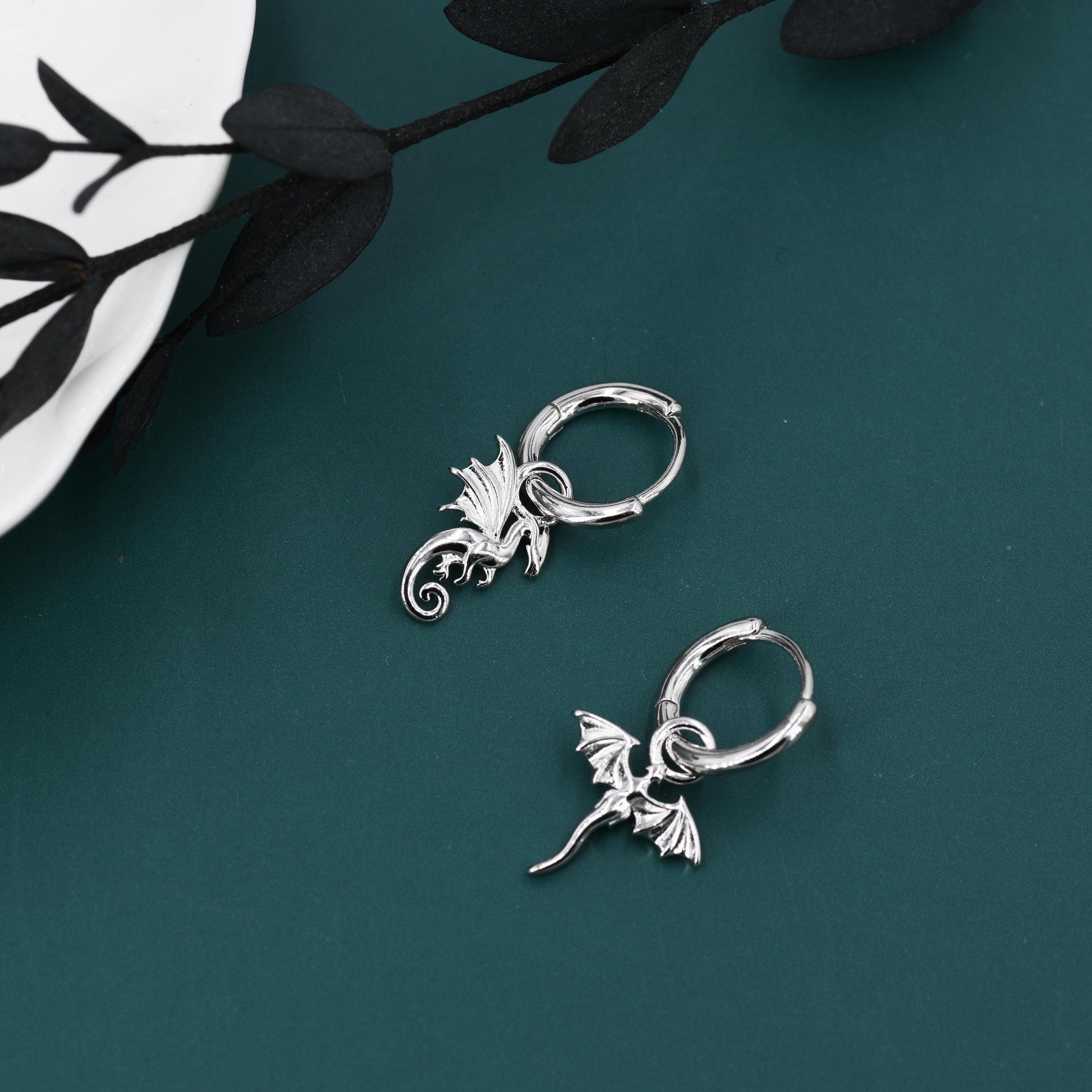 Mismatched Dragon Huggie Hoop in Sterling Silver, Silver or Gold or Rose Gold, Asymmetric, Detachable and Interchangeable